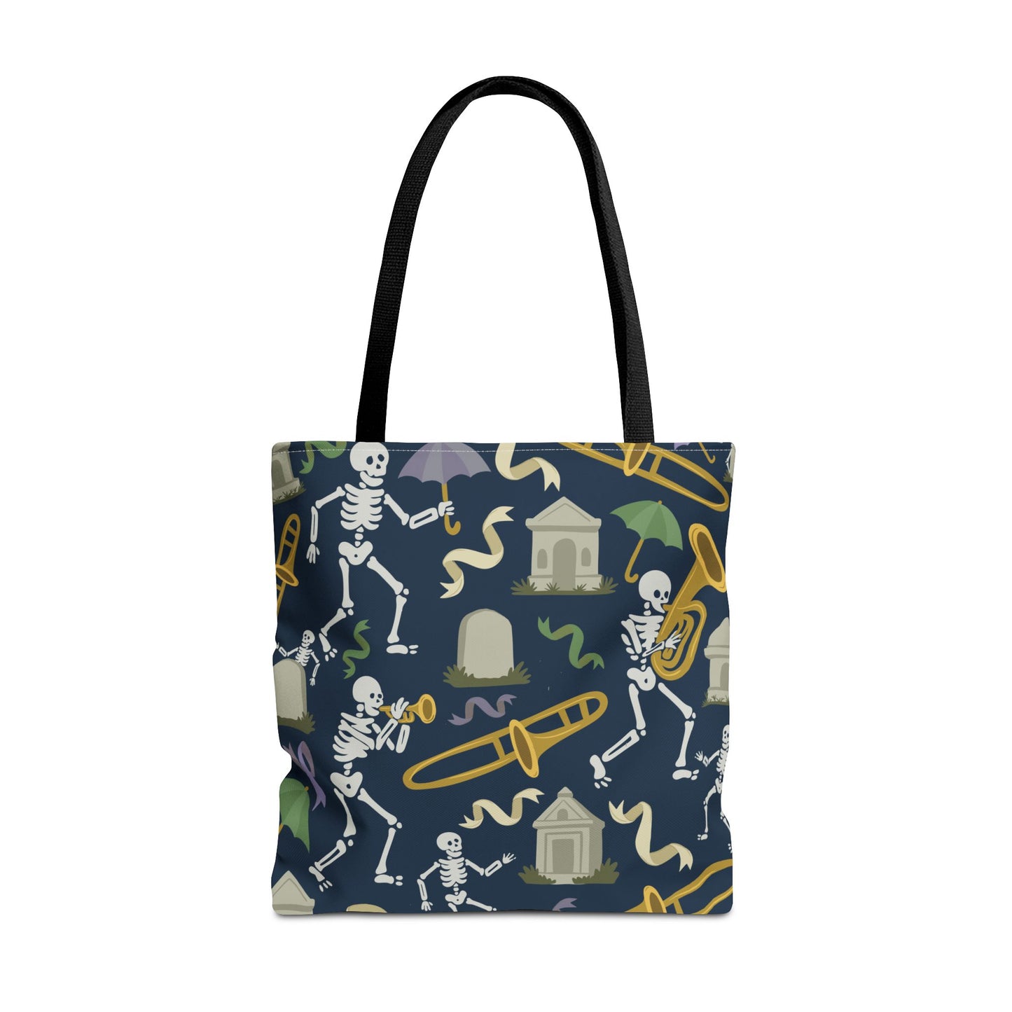 Skeleton Brass Band Tote Bag, New Orleans Graveyard Dancing Skeleton, Halloween Bag, Musician Gift, Jazz Lover Tote, Gothic Tote Bag