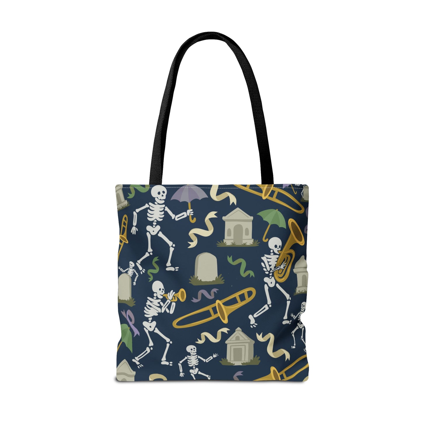 Skeleton Brass Band Tote Bag, New Orleans Graveyard Dancing Skeleton, Halloween Bag, Musician Gift, Jazz Lover Tote, Gothic Tote Bag