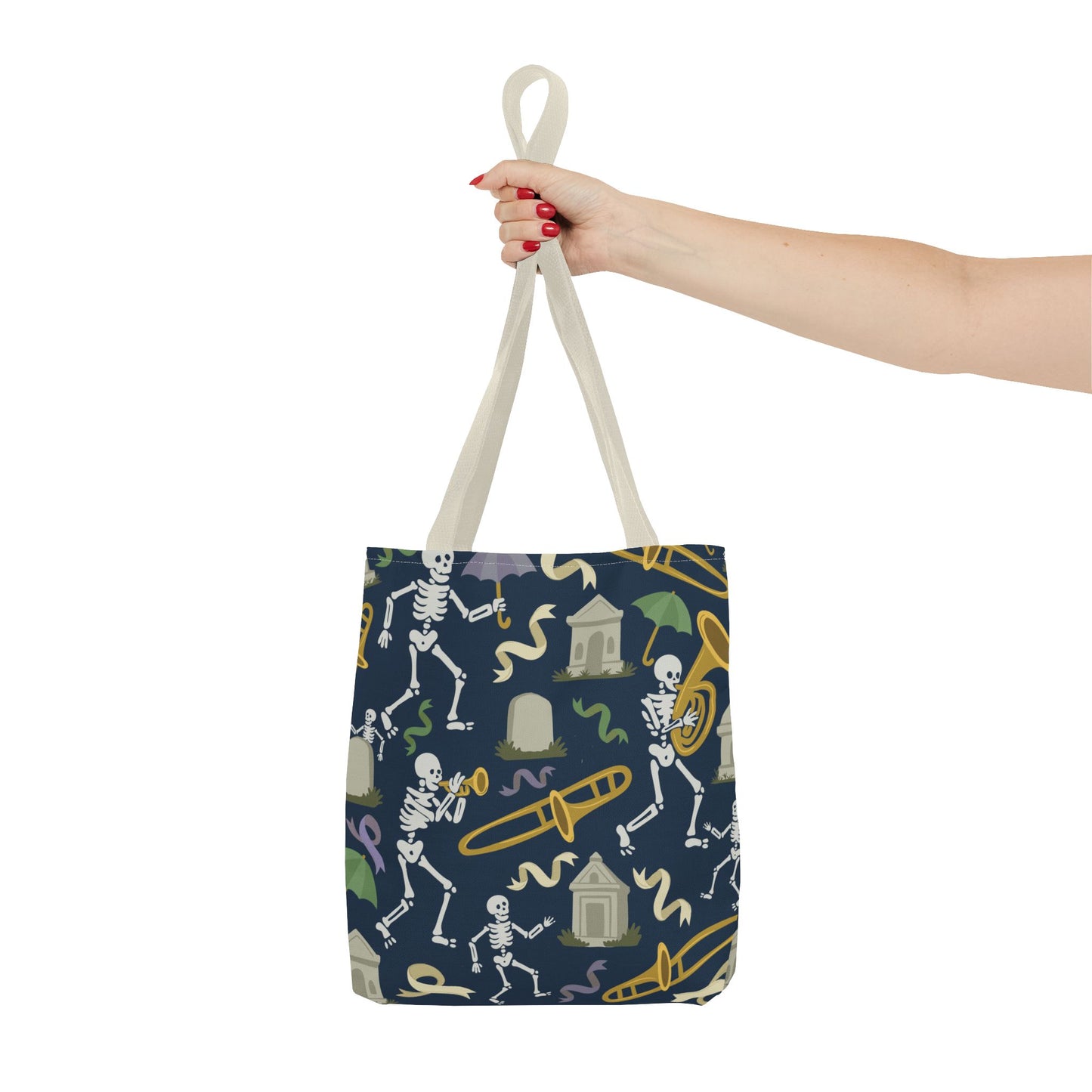 Skeleton Brass Band Tote Bag, New Orleans Graveyard Dancing Skeleton, Halloween Bag, Musician Gift, Jazz Lover Tote, Gothic Tote Bag