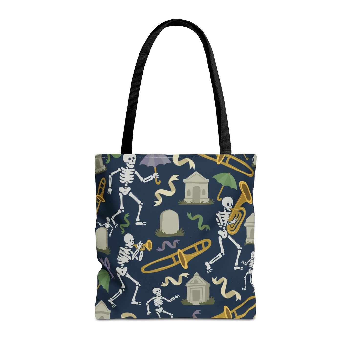 Skeleton Brass Band Tote Bag, New Orleans Graveyard Dancing Skeleton, Halloween Bag, Musician Gift, Jazz Lover Tote, Gothic Tote Bag