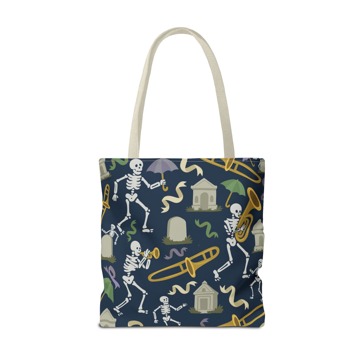 Skeleton Brass Band Tote Bag, New Orleans Graveyard Dancing Skeleton, Halloween Bag, Musician Gift, Jazz Lover Tote, Gothic Tote Bag