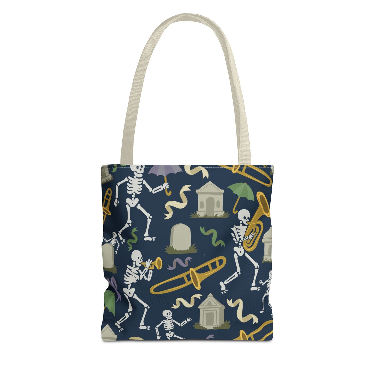 Skeleton Brass Band Tote Bag, New Orleans Graveyard Dancing Skeleton, Halloween Bag, Musician Gift, Jazz Lover Tote, Gothic Tote Bag