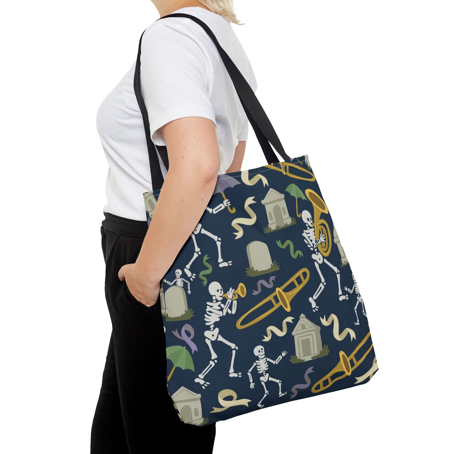 Skeleton Brass Band Tote Bag, New Orleans Graveyard Dancing Skeleton, Halloween Bag, Musician Gift, Jazz Lover Tote, Gothic Tote Bag