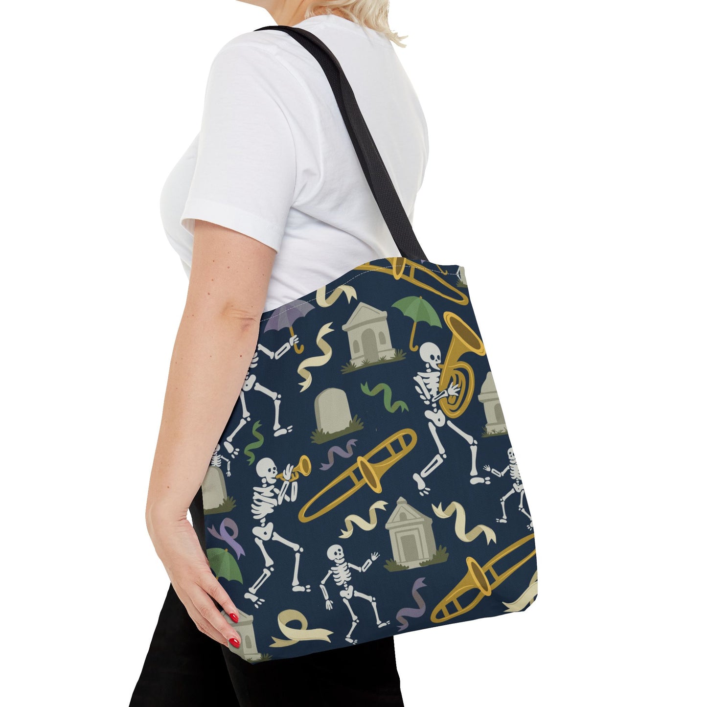 Skeleton Brass Band Tote Bag, New Orleans Graveyard Dancing Skeleton, Halloween Bag, Musician Gift, Jazz Lover Tote, Gothic Tote Bag