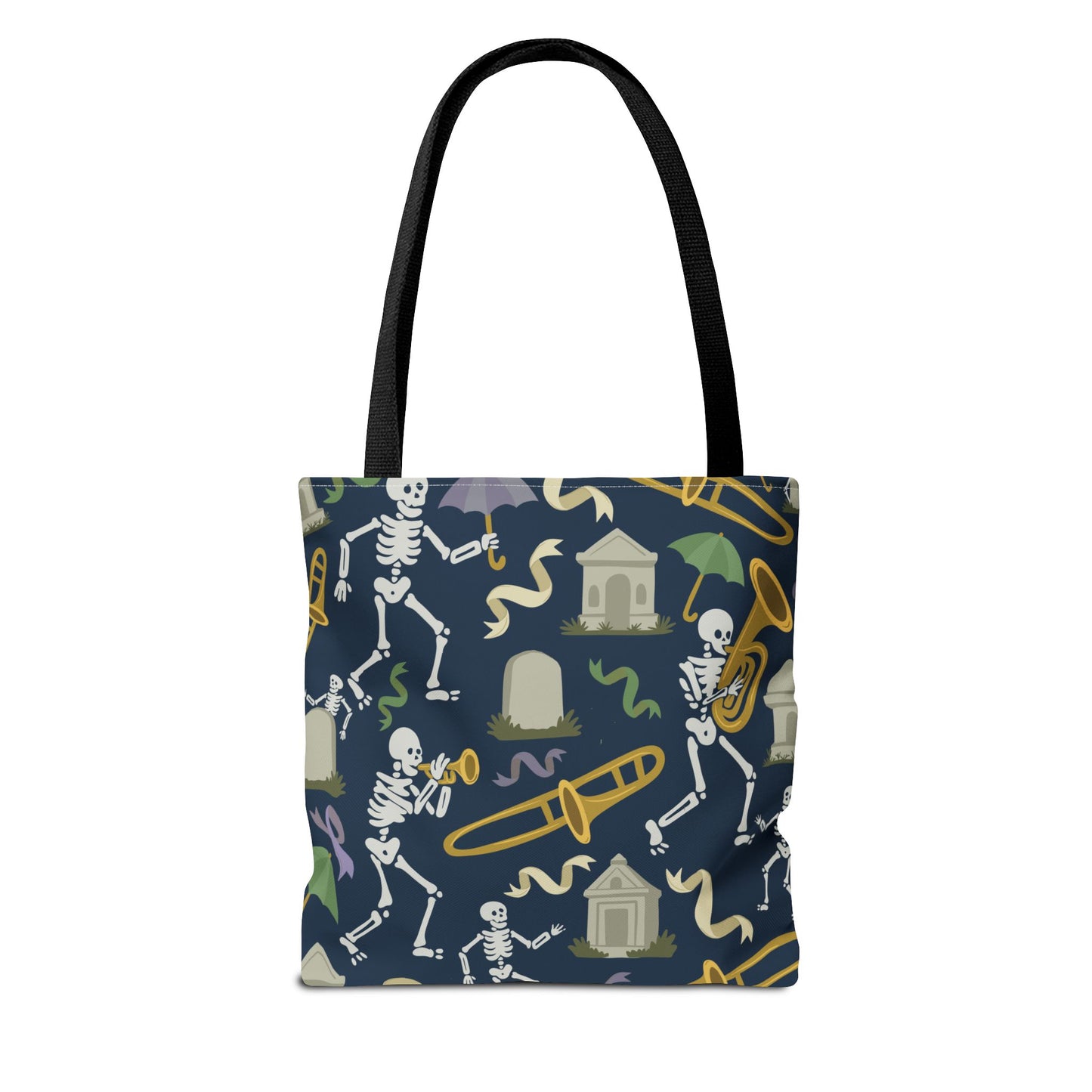 Skeleton Brass Band Tote Bag, New Orleans Graveyard Dancing Skeleton, Halloween Bag, Musician Gift, Jazz Lover Tote, Gothic Tote Bag