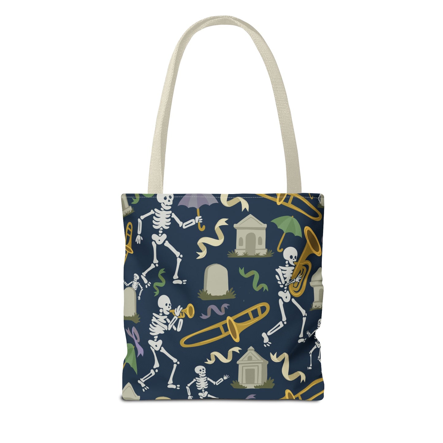 Skeleton Brass Band Tote Bag, New Orleans Graveyard Dancing Skeleton, Halloween Bag, Musician Gift, Jazz Lover Tote, Gothic Tote Bag