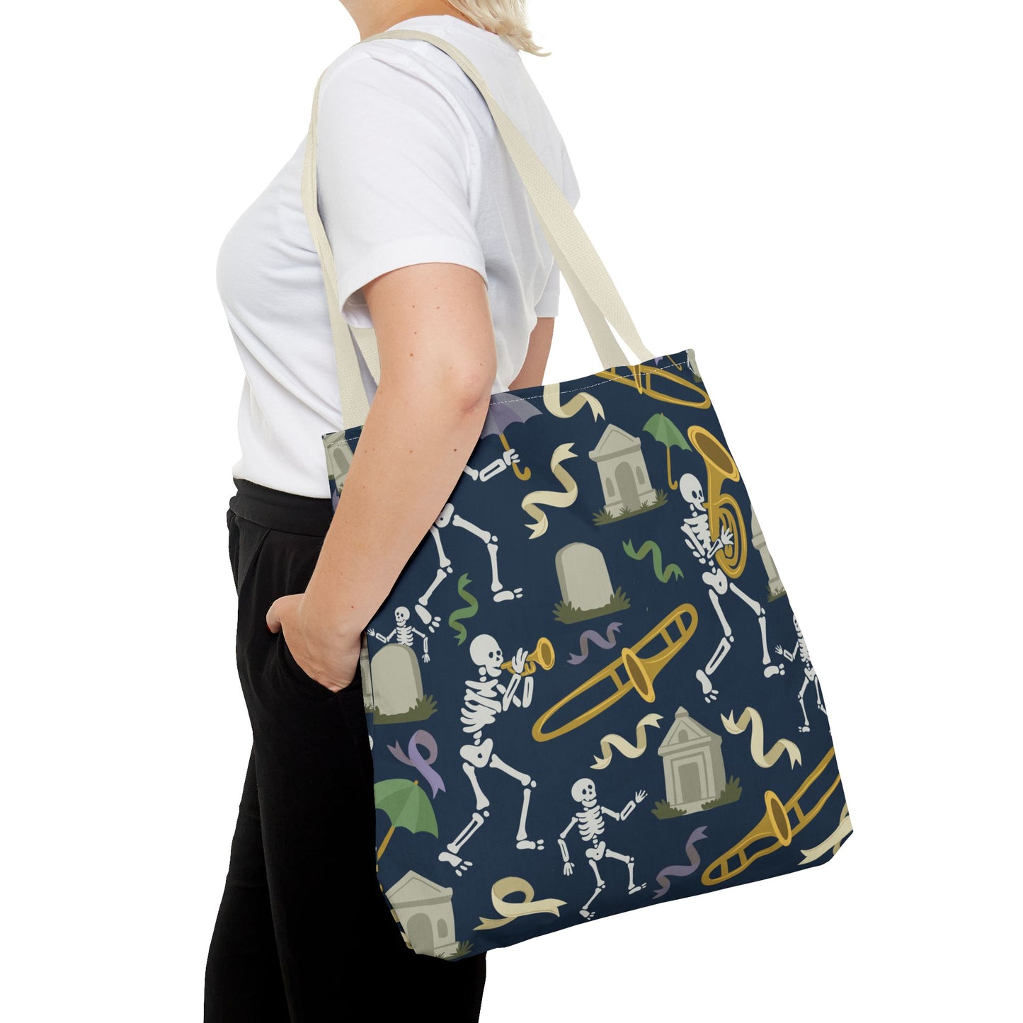 Skeleton Brass Band Tote Bag, New Orleans Graveyard Dancing Skeleton, Halloween Bag, Musician Gift, Jazz Lover Tote, Gothic Tote Bag