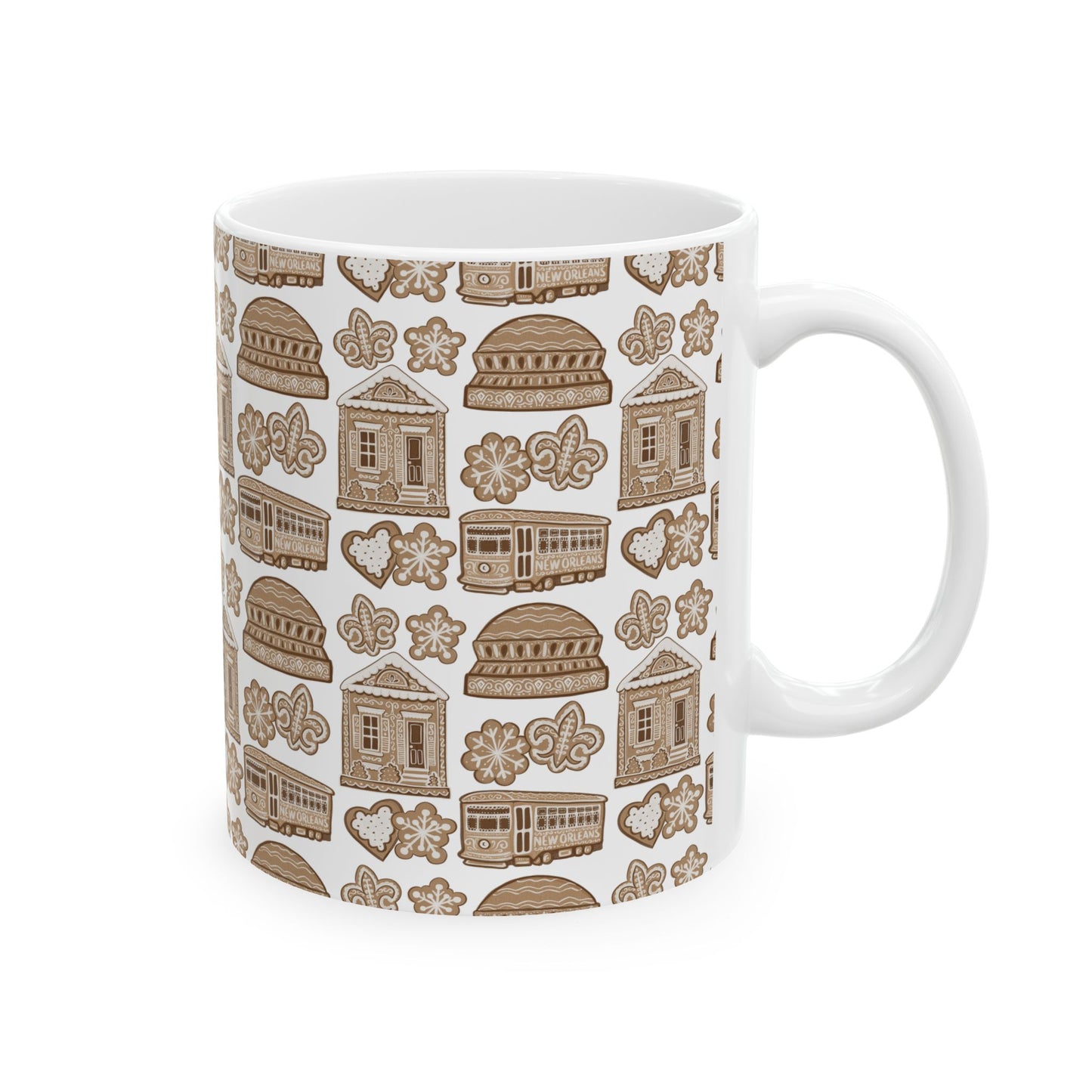 New Orleans Holiday Gingerbread Icons Mug | French Quarter Streetcar, Beignets, Fleur-de-lis Pattern