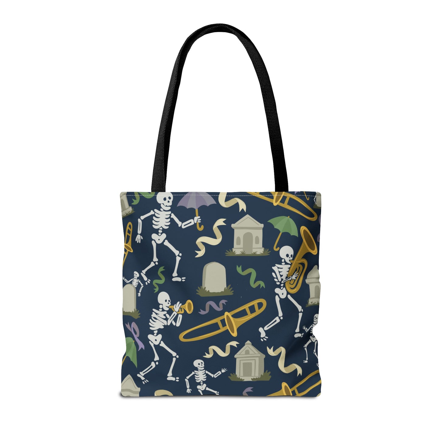 Skeleton Brass Band Tote Bag, New Orleans Graveyard Dancing Skeleton, Halloween Bag, Musician Gift, Jazz Lover Tote, Gothic Tote Bag