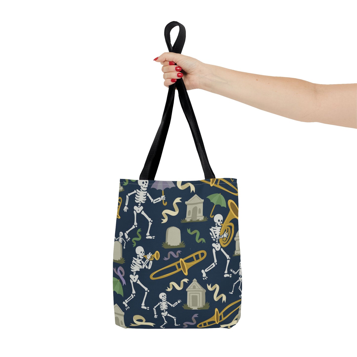 Skeleton Brass Band Tote Bag, New Orleans Graveyard Dancing Skeleton, Halloween Bag, Musician Gift, Jazz Lover Tote, Gothic Tote Bag