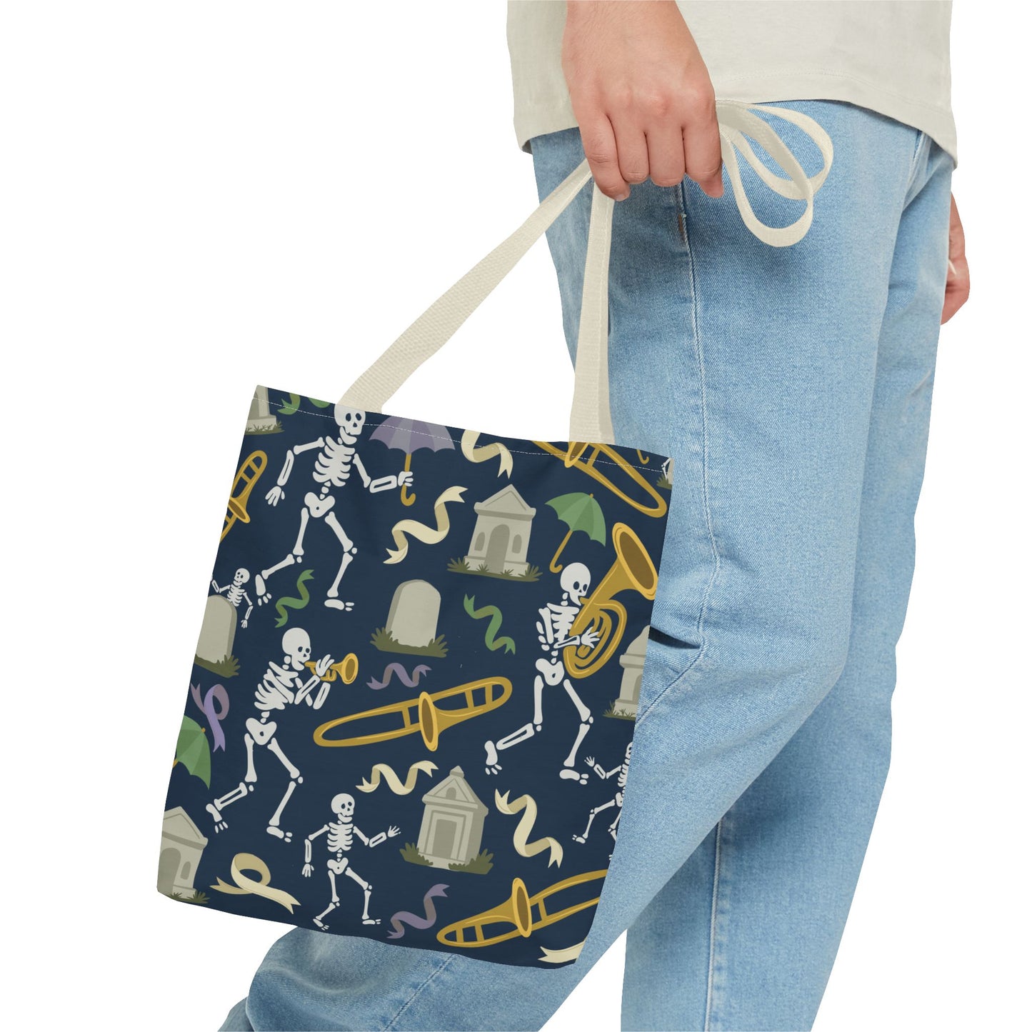 Skeleton Brass Band Tote Bag, New Orleans Graveyard Dancing Skeleton, Halloween Bag, Musician Gift, Jazz Lover Tote, Gothic Tote Bag