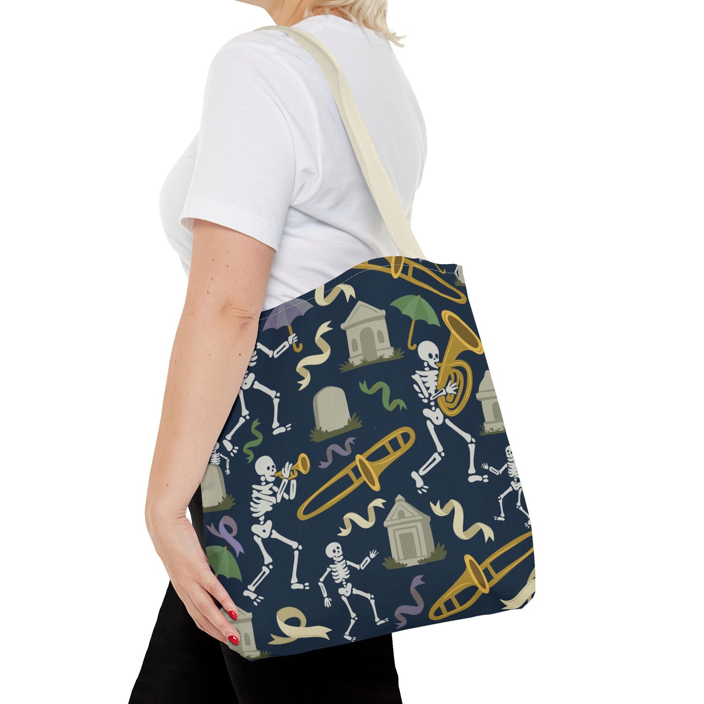 Skeleton Brass Band Tote Bag, New Orleans Graveyard Dancing Skeleton, Halloween Bag, Musician Gift, Jazz Lover Tote, Gothic Tote Bag