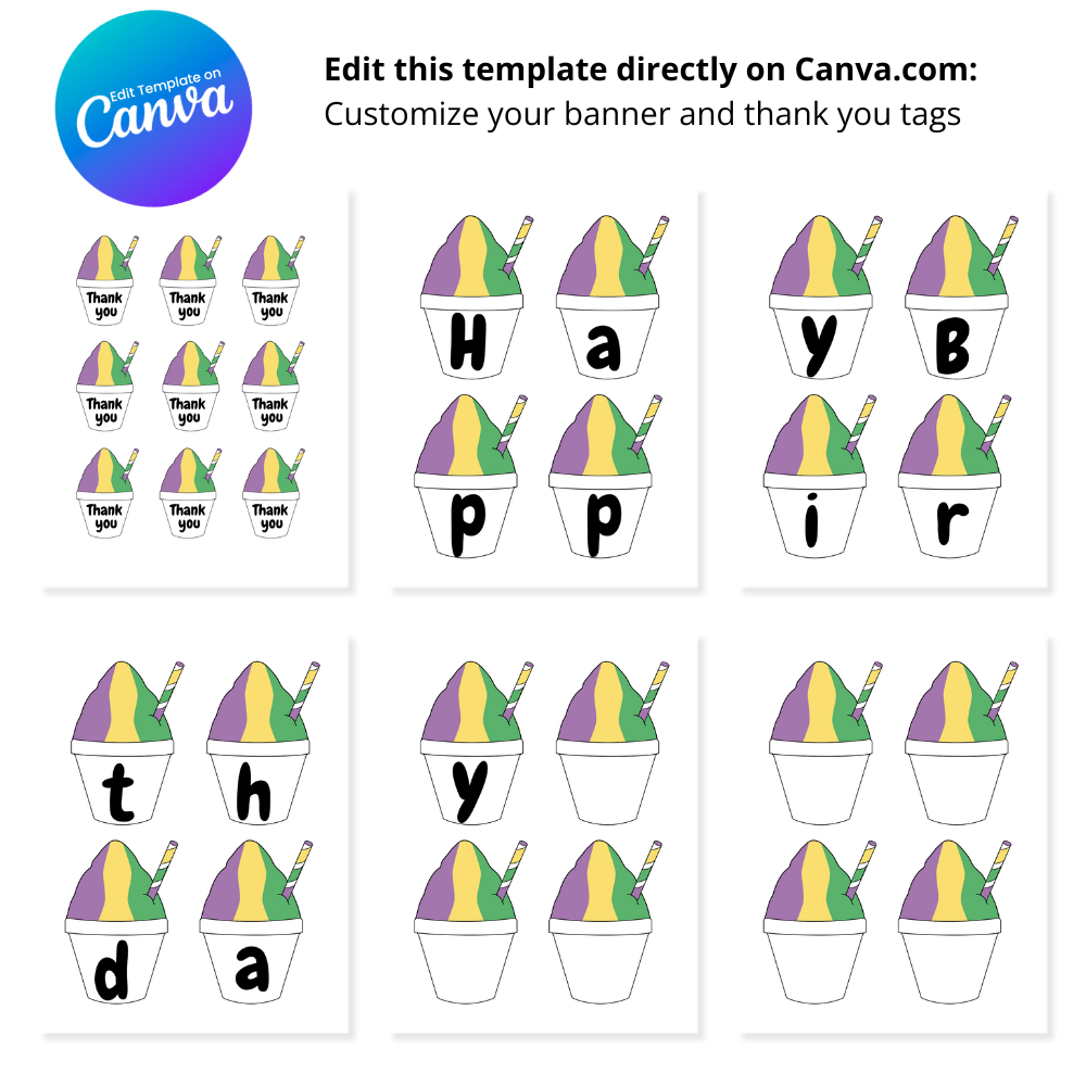 Banner & Thank You Tag Print Out Bundle - Purple, Green & Yellow Color Snowball Birthday - Canva Template (Copy)
