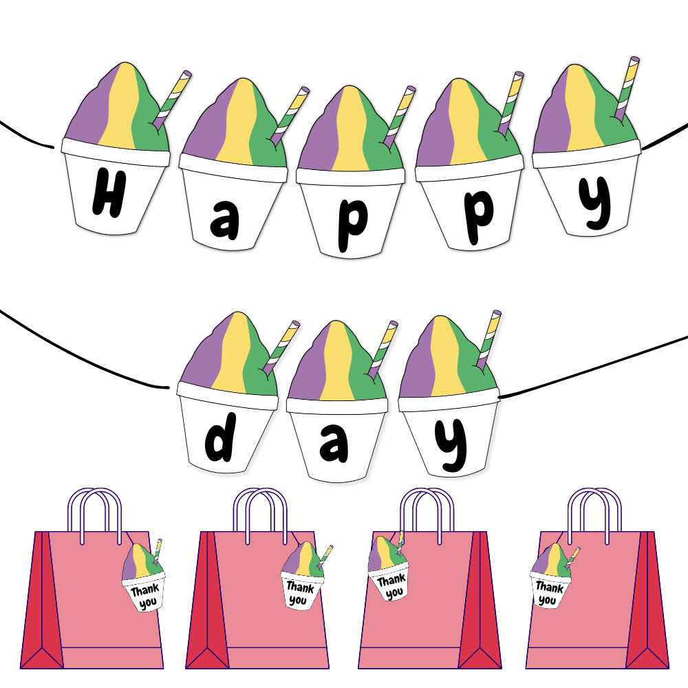 Banner & Thank You Tag Print Out Bundle - Purple, Green & Yellow Color Snowball Birthday - Canva Template (Copy)