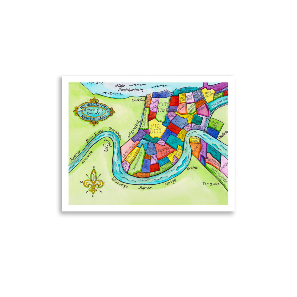 New Orleans Neighborhoods hand-painted watercolor poster