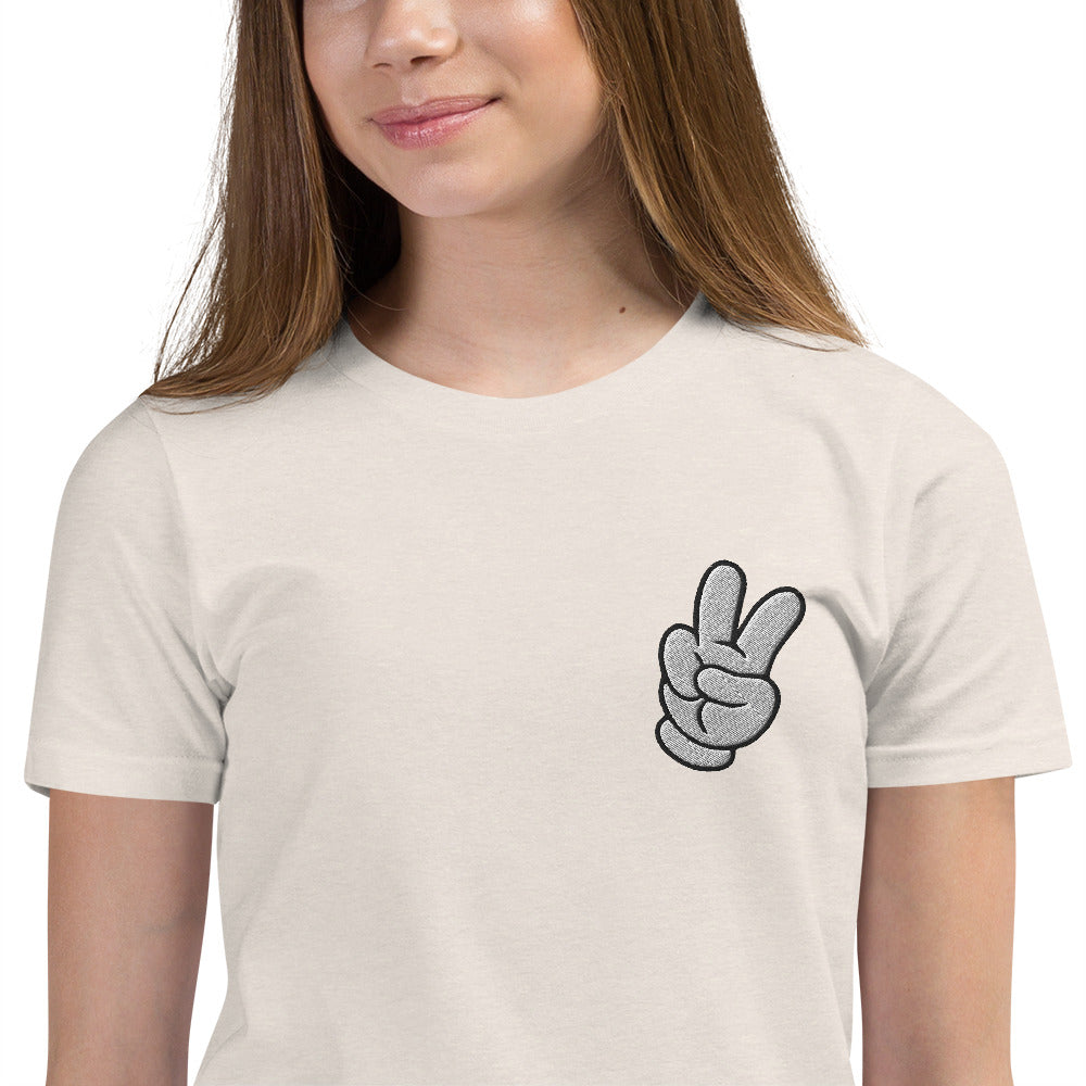 Peace Sign Side Embroidery Youth Short Sleeve T-Shirt