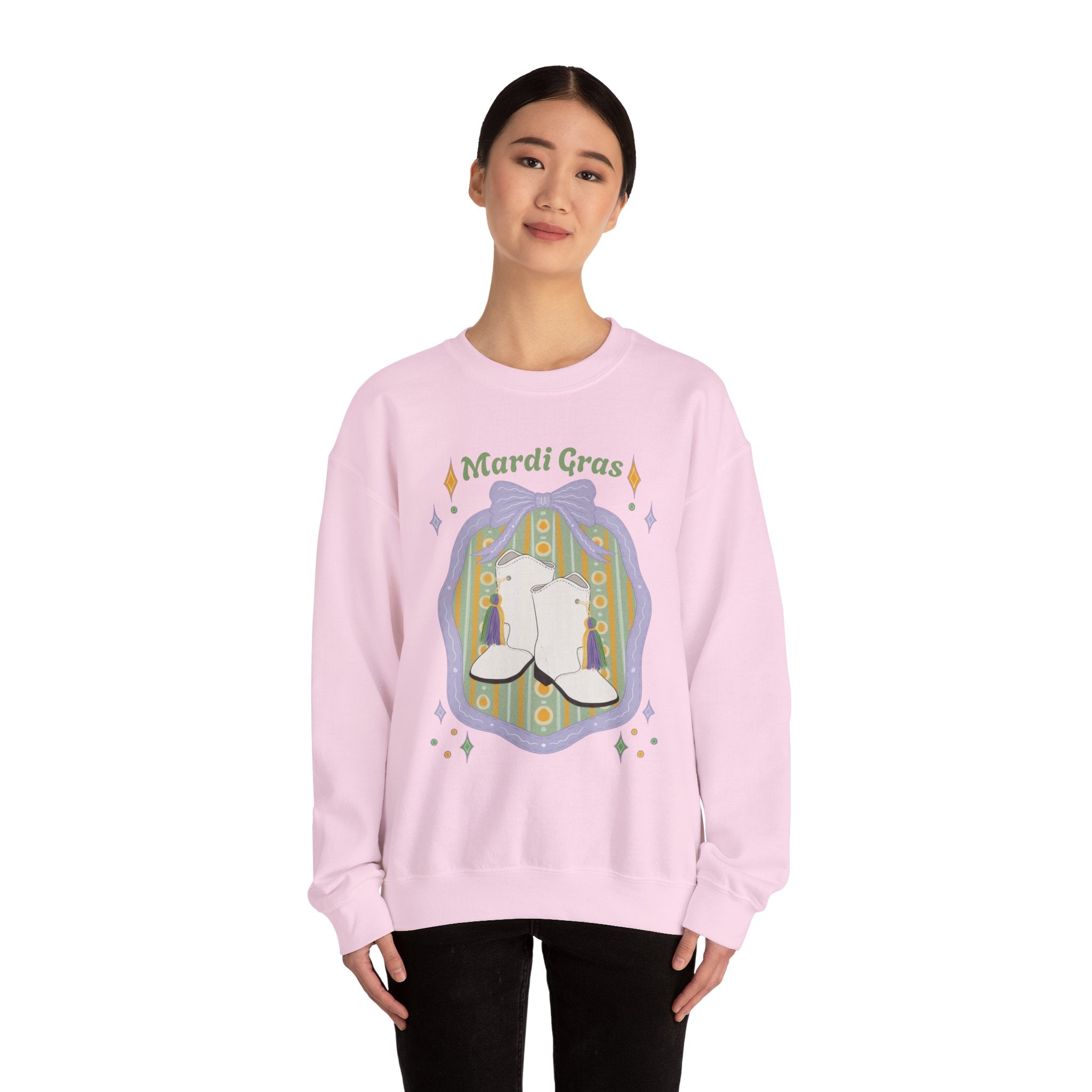 Mardi Gras of White majorette Boots Illustration Sweatshirt | Retro Floral Badge, Pastel mardi gras Design