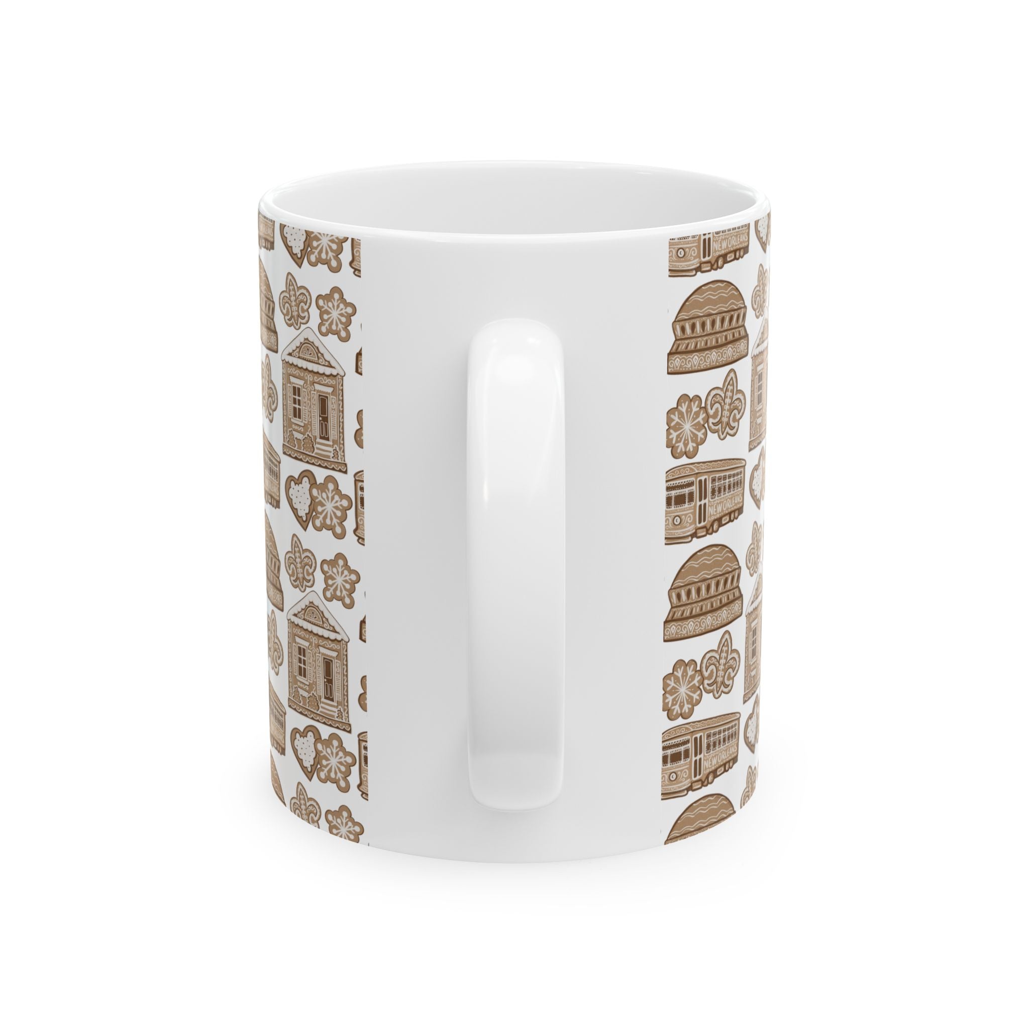 New Orleans Holiday Gingerbread Icons Mug | French Quarter Streetcar, Beignets, Fleur-de-lis Pattern