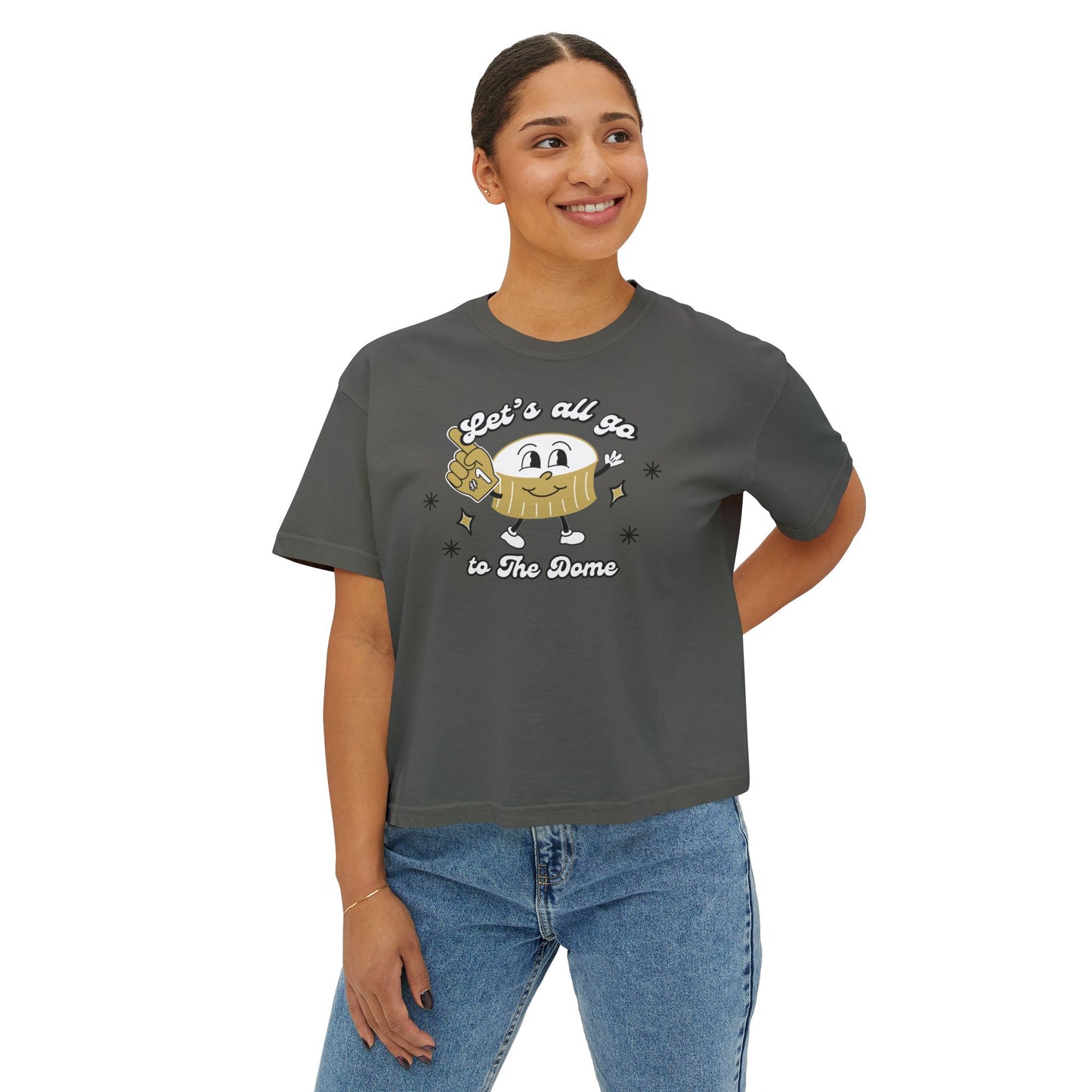 Retro New Orleans Superdome Short Woman's Boxy Tee for Saints Football Fans Let's all go to the Dome Graphic T-shirt