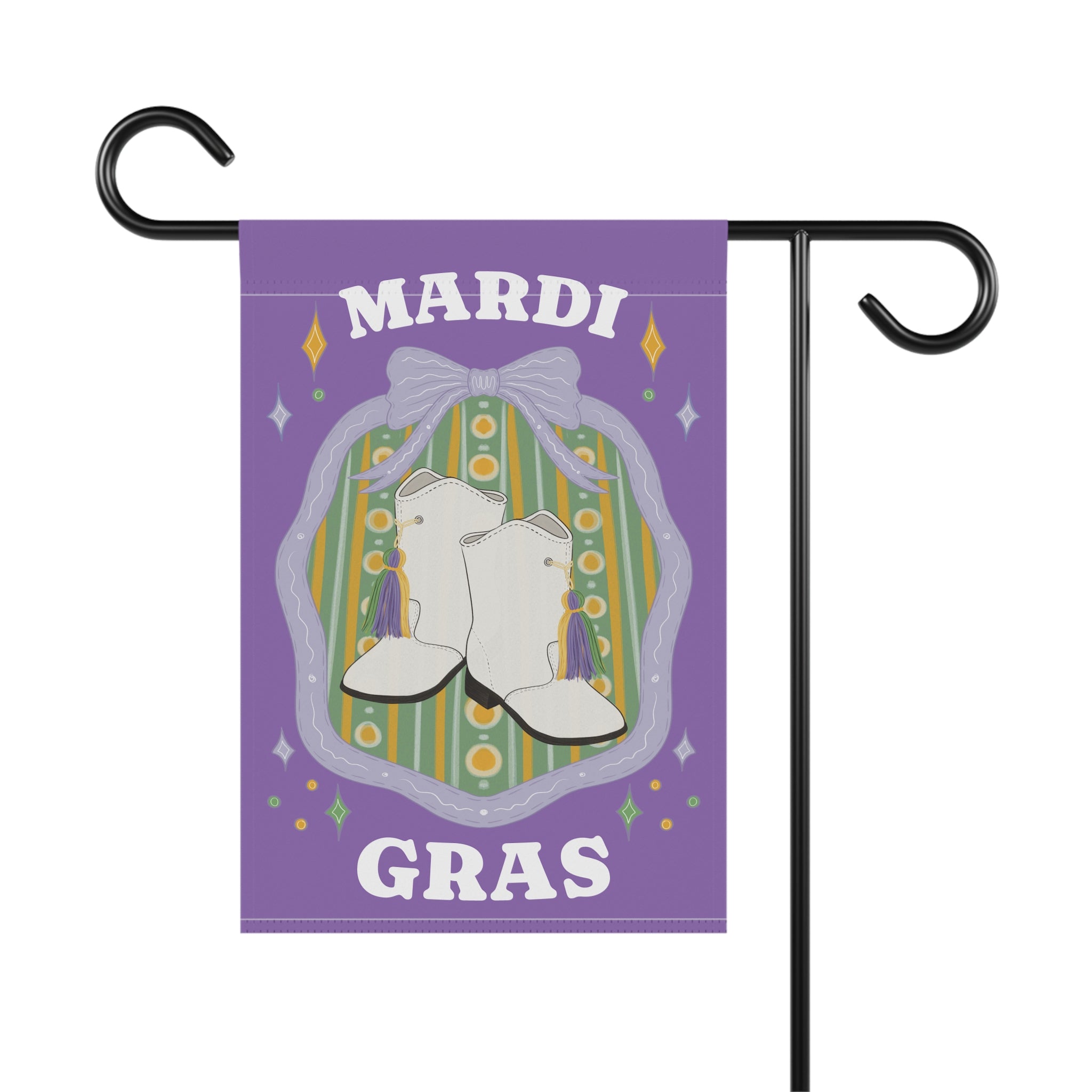 Majorette Boots Mardi Gras Garden Flag | House Banner, Purple Green Yellow