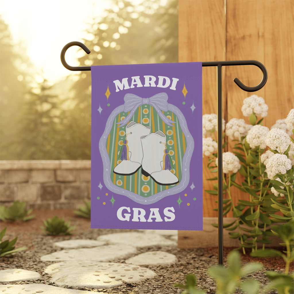 Majorette Boots Mardi Gras Garden Flag | House Banner, Purple Green Yellow