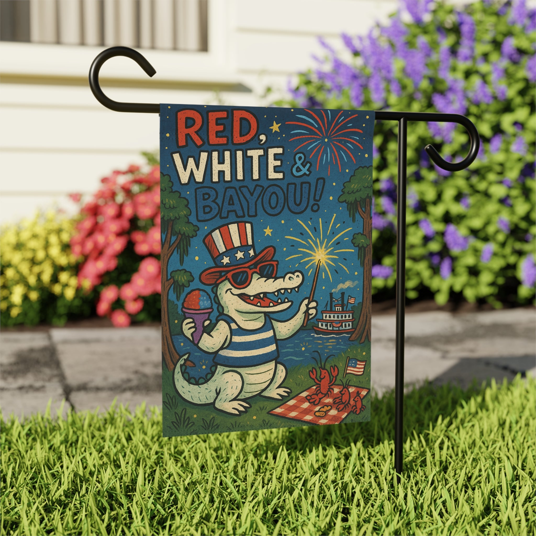 Bayou Krewe Patriotic Garden Flag – Featuring Beaux the White Gator | 4th of July Outdoor Decor