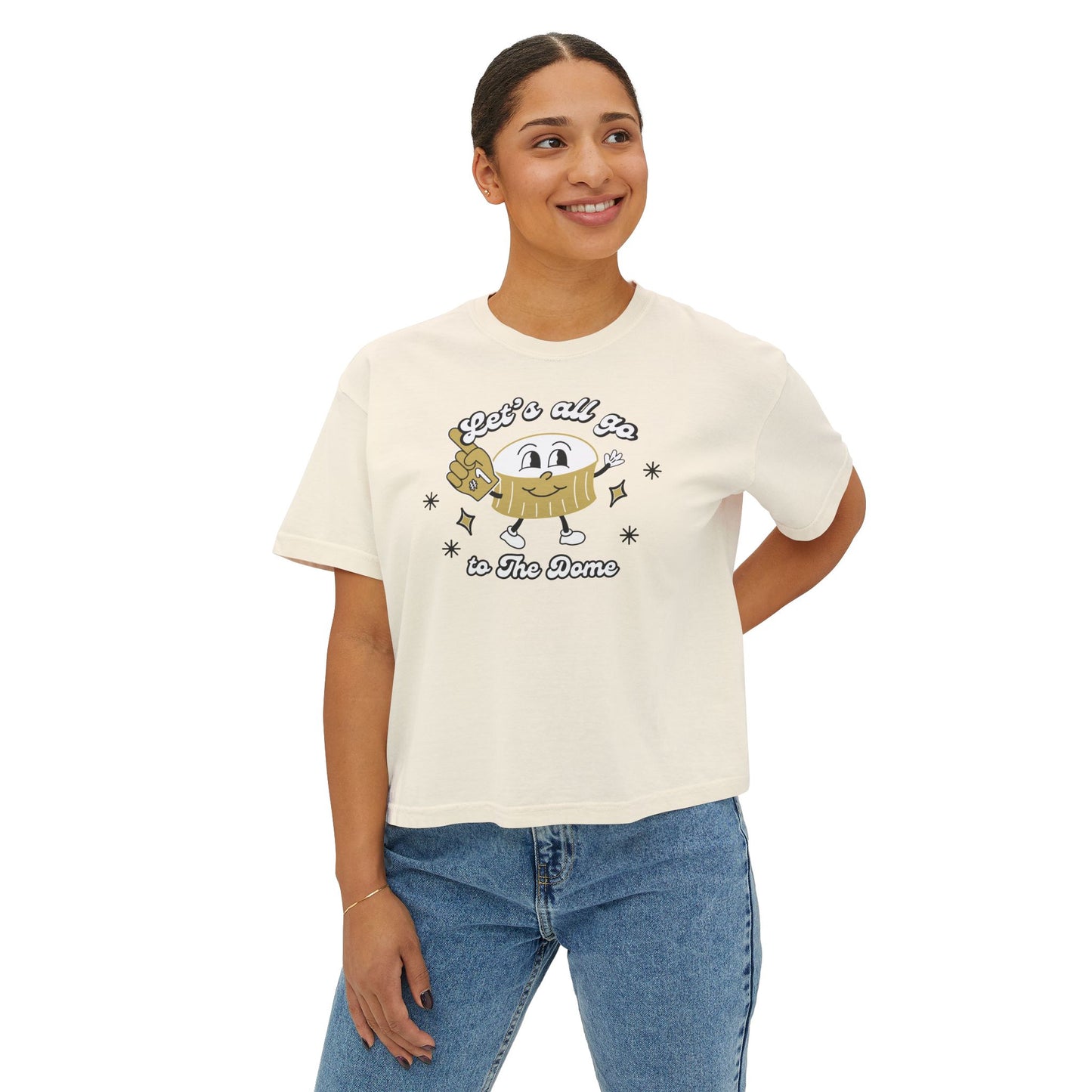 Retro New Orleans Superdome Short Woman's Boxy Tee for Saints Football Fans Let's all go to the Dome Graphic T-shirt