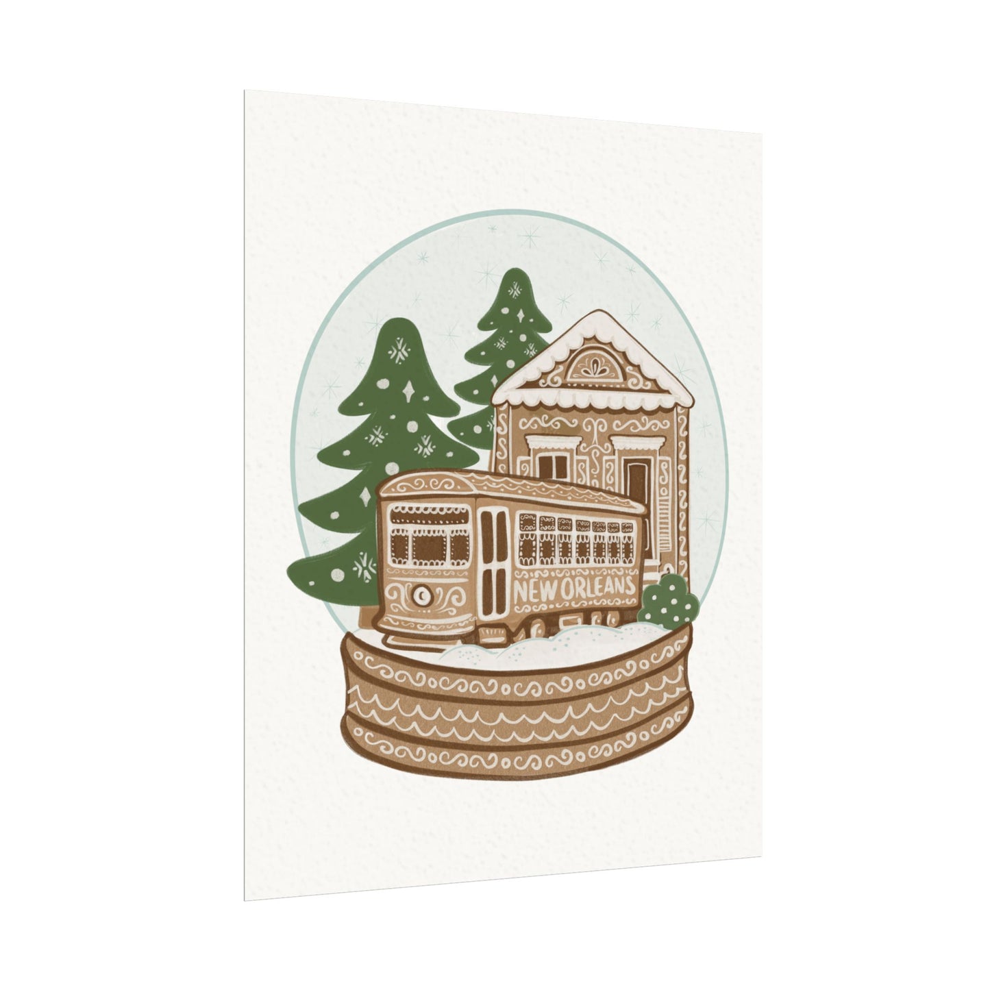 New Orleans Holiday Streetcar Snow Globe poster | Watercolor Matte Poster