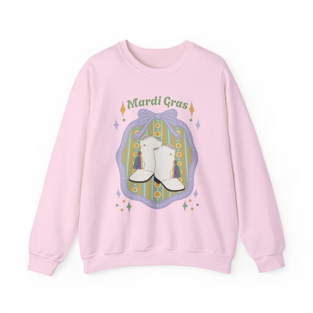 Mardi Gras of White majorette Boots Illustration Sweatshirt | Retro Floral Badge, Pastel mardi gras Design