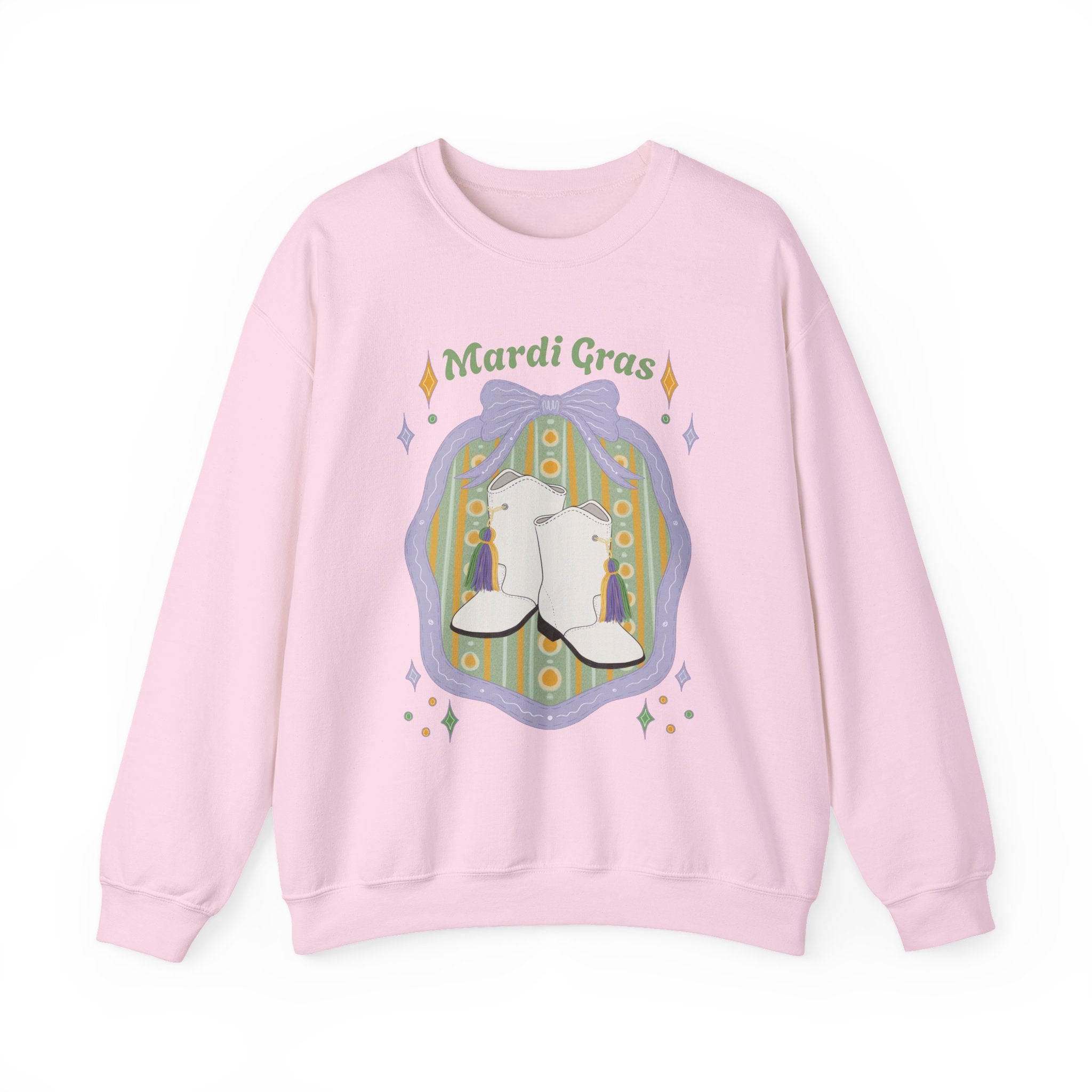 Mardi Gras of White majorette Boots Illustration Sweatshirt | Retro Floral Badge, Pastel mardi gras Design