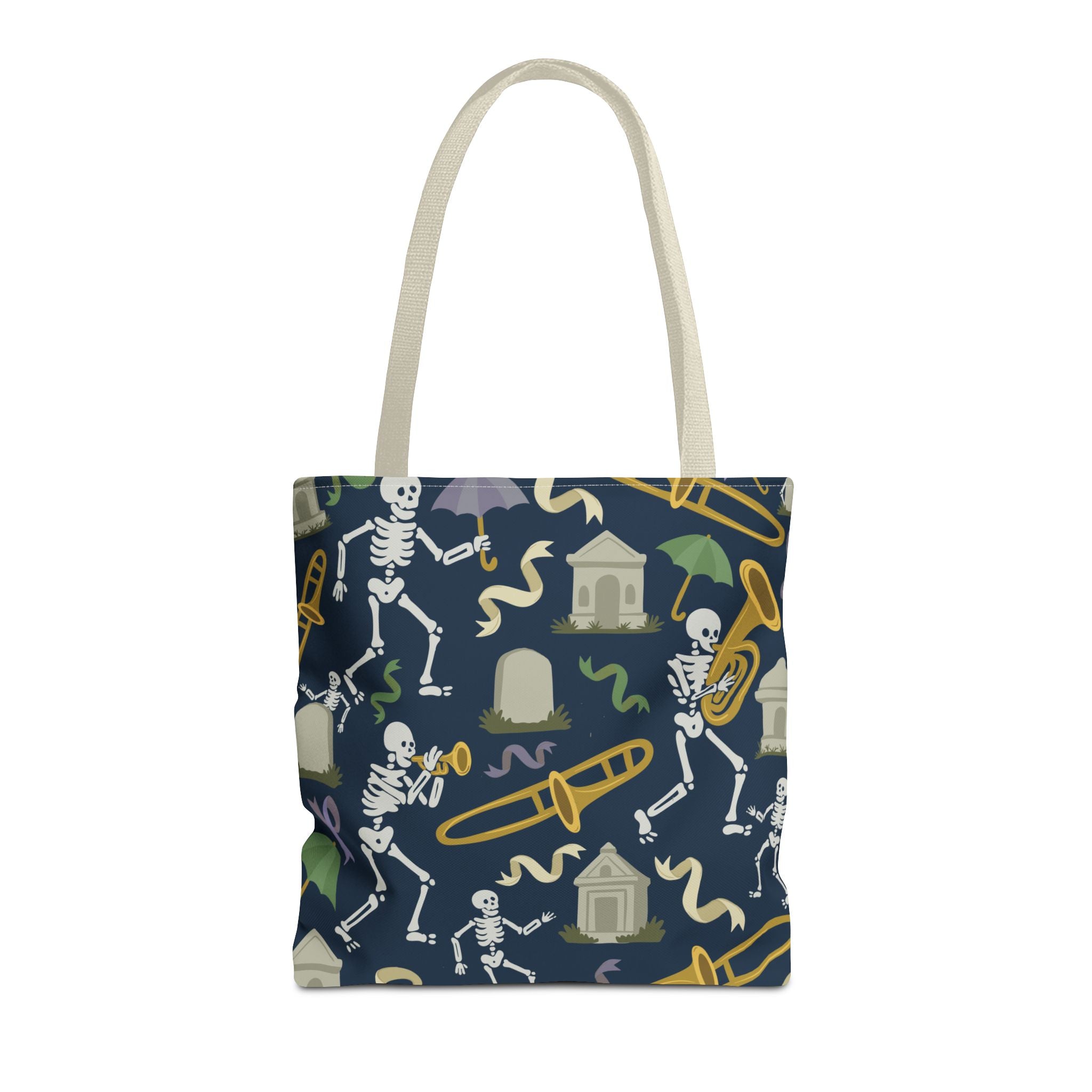 Skeleton Brass Band Tote Bag, New Orleans Graveyard Dancing Skeleton, Halloween Bag, Musician Gift, Jazz Lover Tote, Gothic Tote Bag