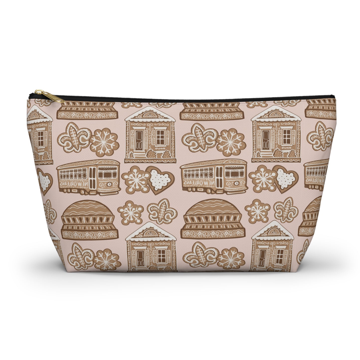 New Orleans Holiday Icons accessory pouch | streetcar fleur-de-lis dome Gingerbread pattern