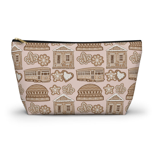 New Orleans Holiday Icons accessory pouch | streetcar fleur-de-lis dome Gingerbread pattern
