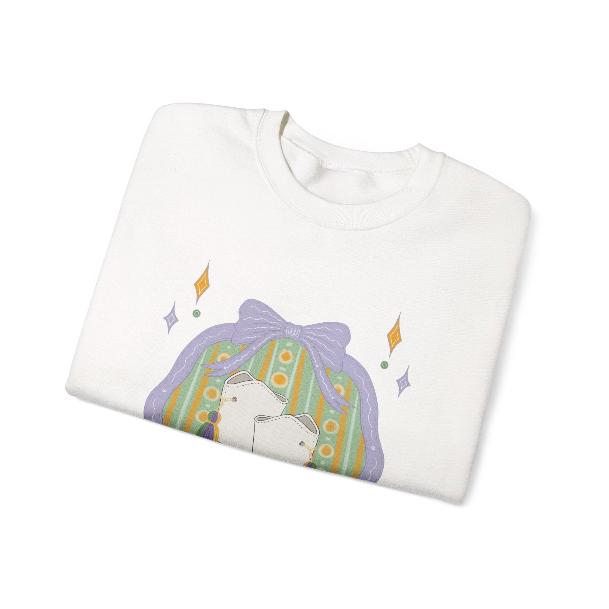 White majorette Boots Illustration Sweatshirt | Retro Floral Badge, Pastel mardi gras Design