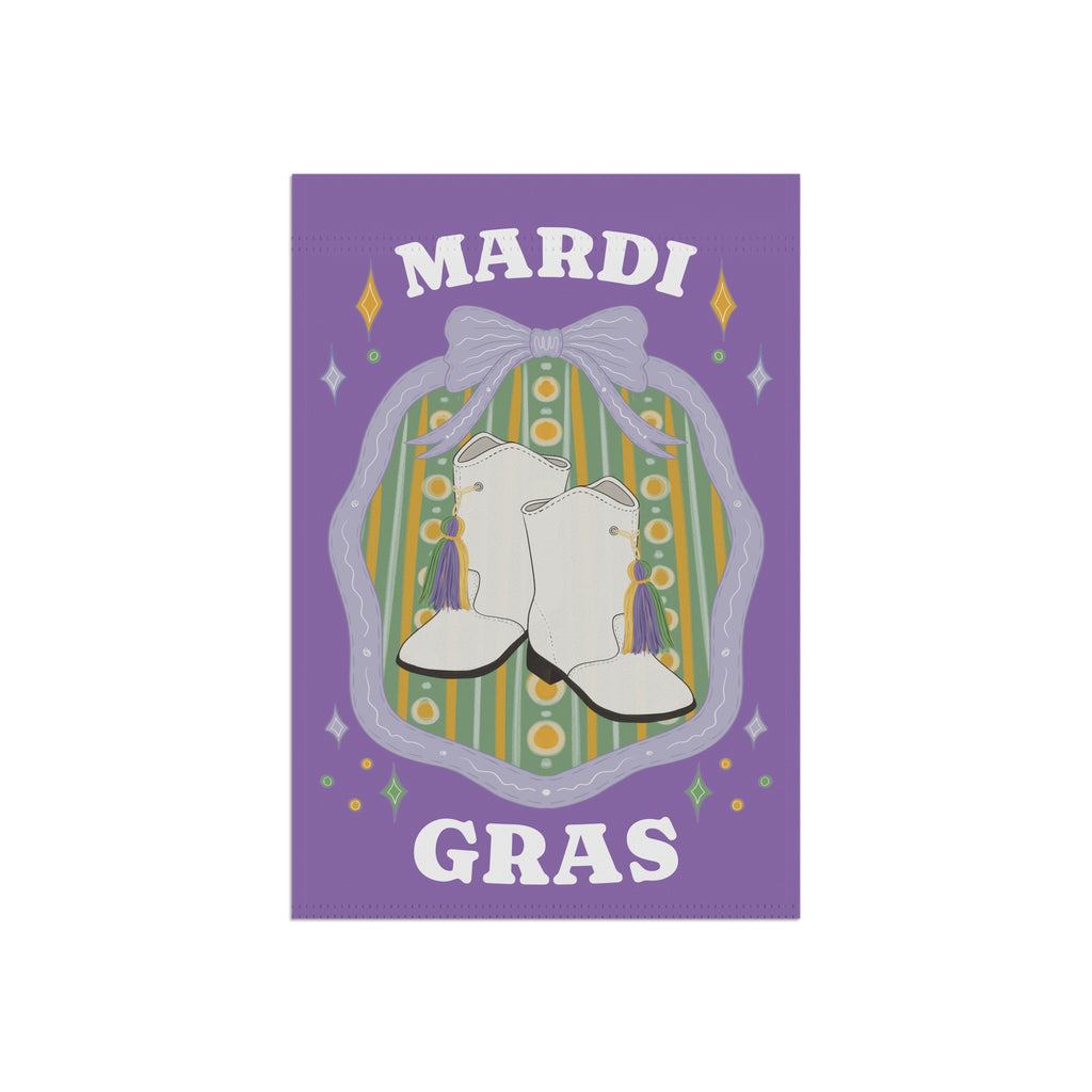 Majorette Boots Mardi Gras Garden Flag | House Banner, Purple Green Yellow