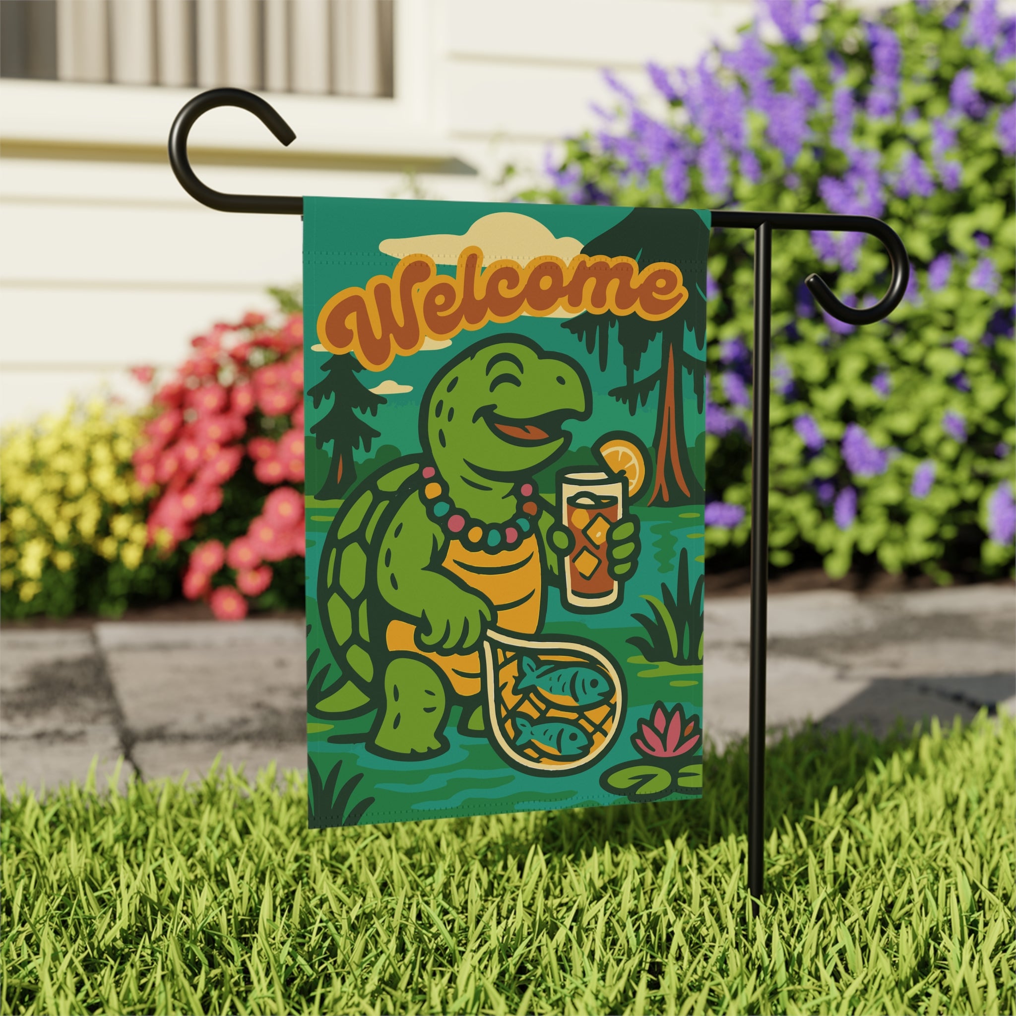 Garden flag with Chomps the snapping turtle holding sweet tea – Bayou Krewe welcome design