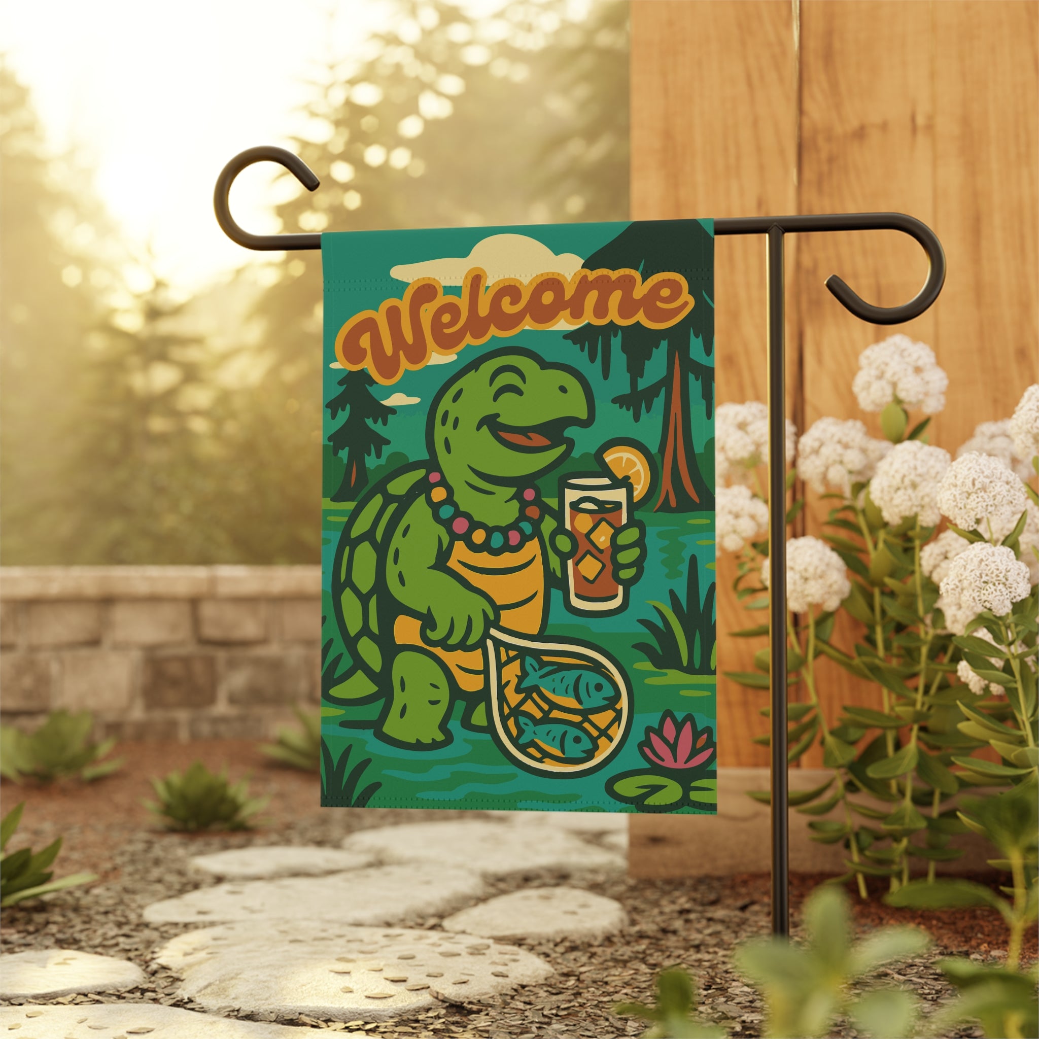Garden flag with Chomps the snapping turtle holding sweet tea – Bayou Krewe welcome design