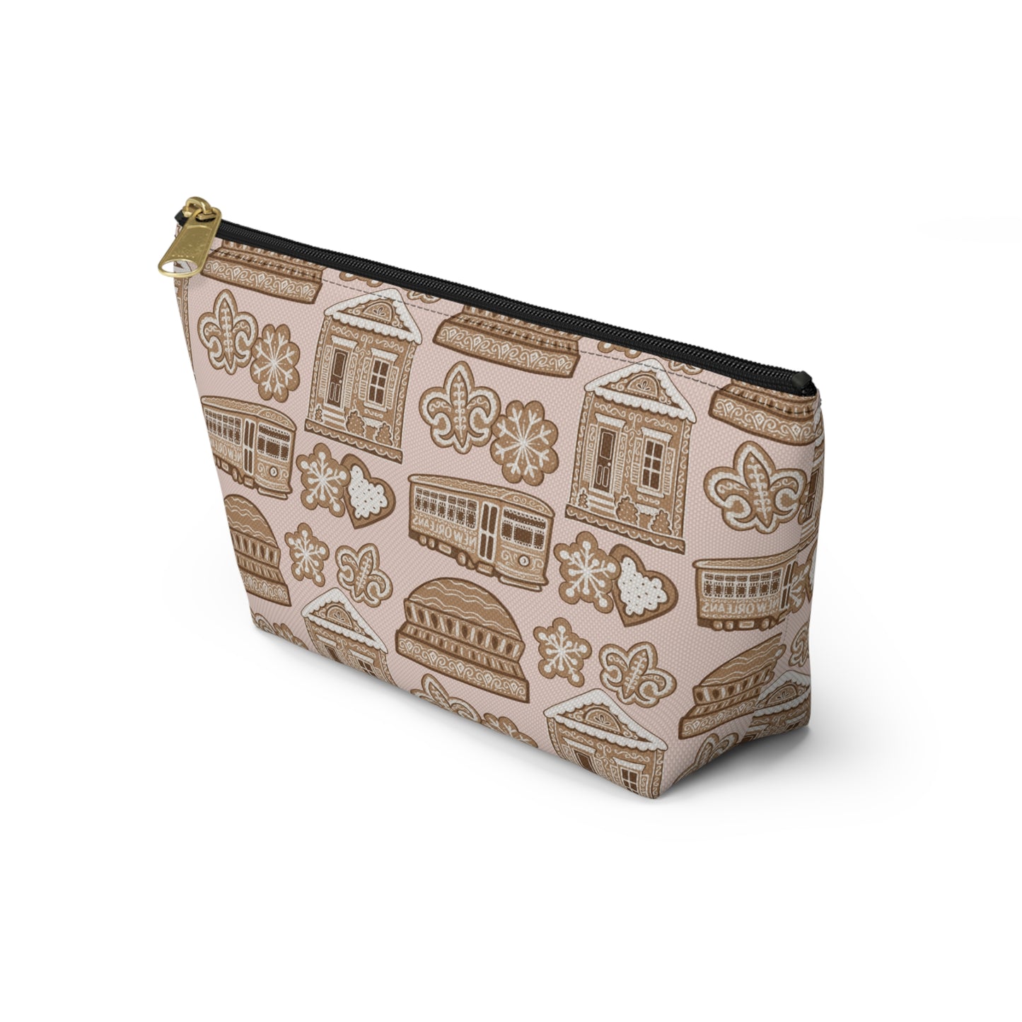 New Orleans Holiday Icons accessory pouch | streetcar fleur-de-lis dome Gingerbread pattern