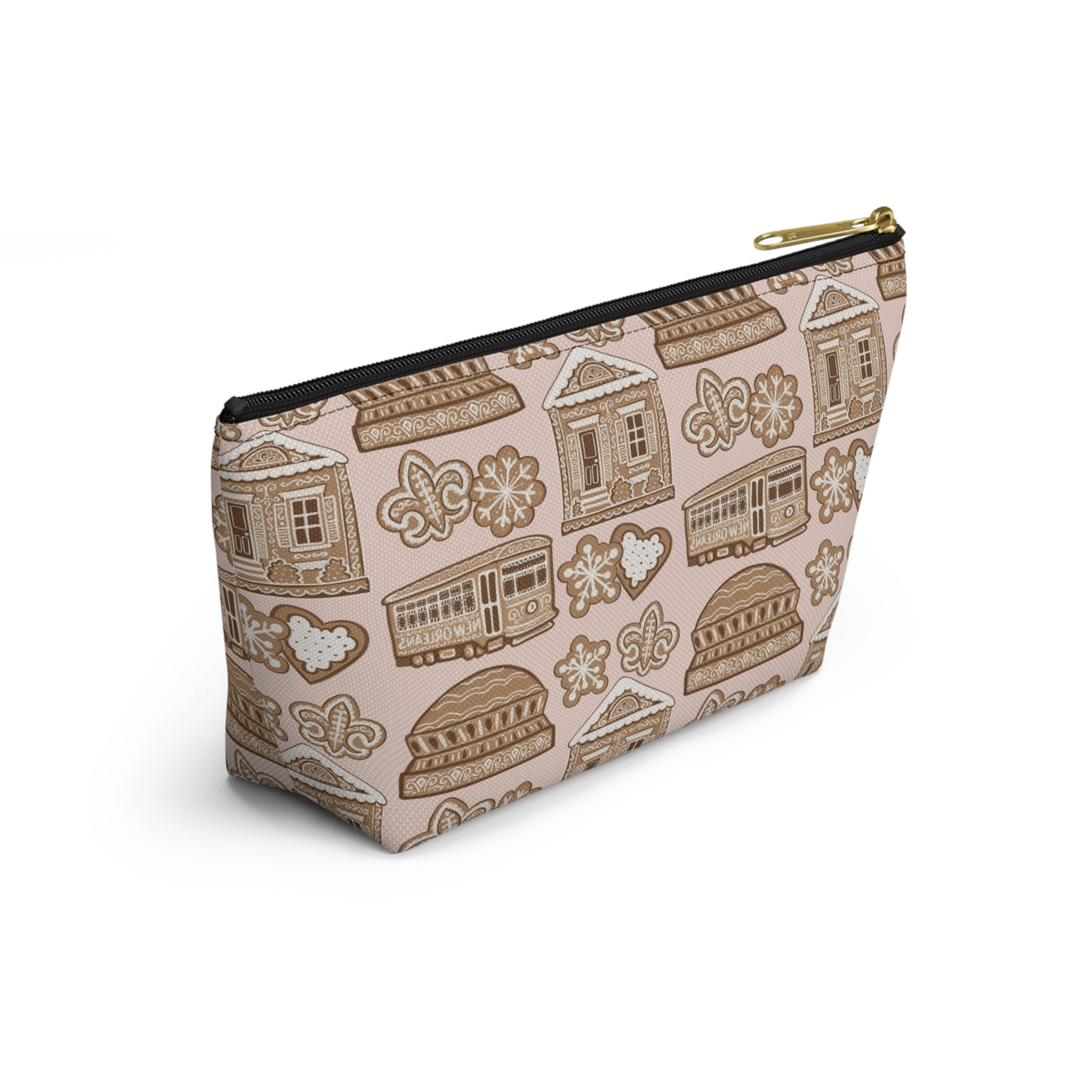 New Orleans Holiday Icons accessory pouch | streetcar fleur-de-lis dome Gingerbread pattern