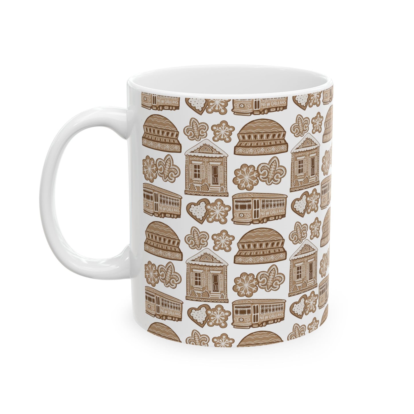 New Orleans Holiday Gingerbread Icons Mug | French Quarter Streetcar, Beignets, Fleur-de-lis Pattern