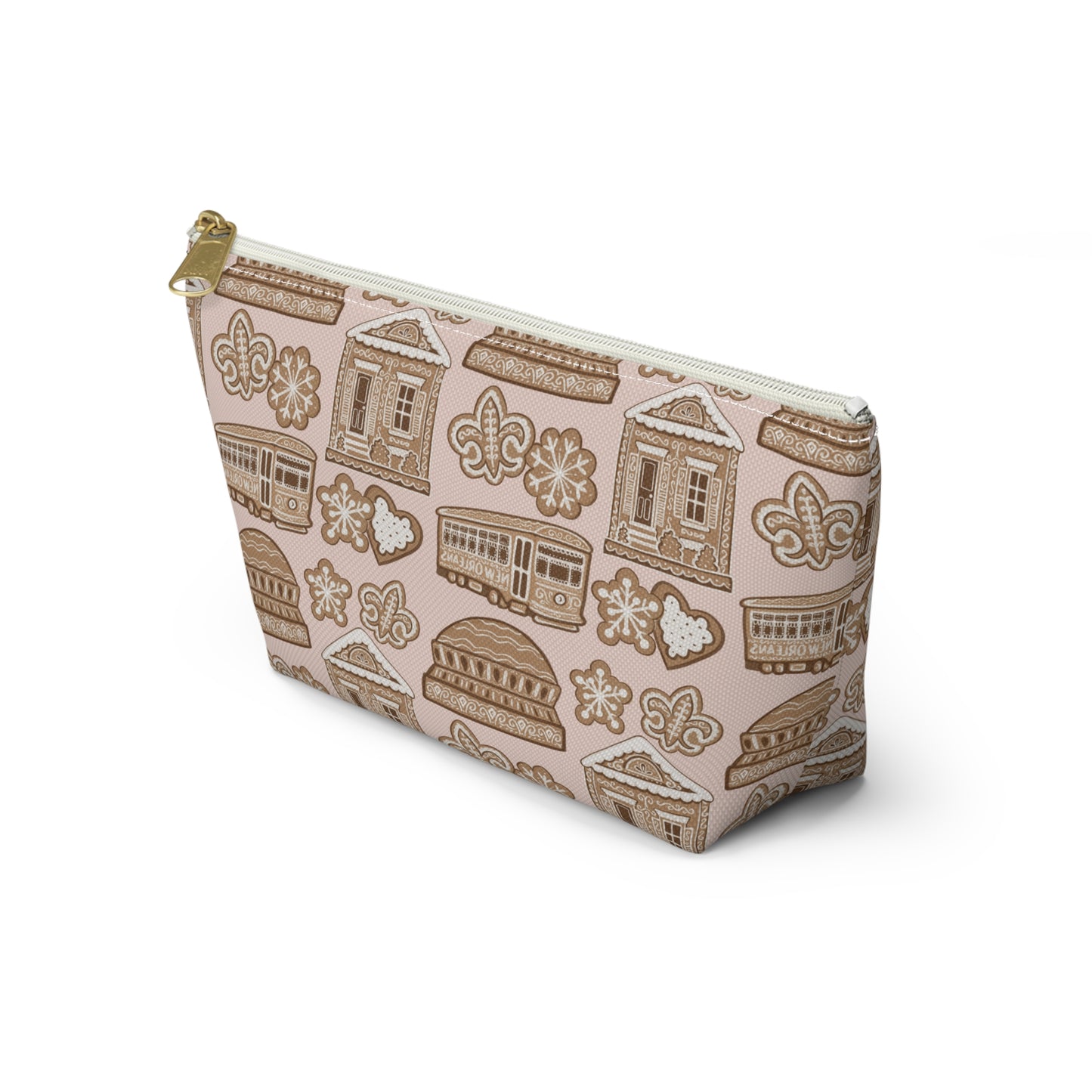 New Orleans Holiday Icons accessory pouch | streetcar fleur-de-lis dome Gingerbread pattern