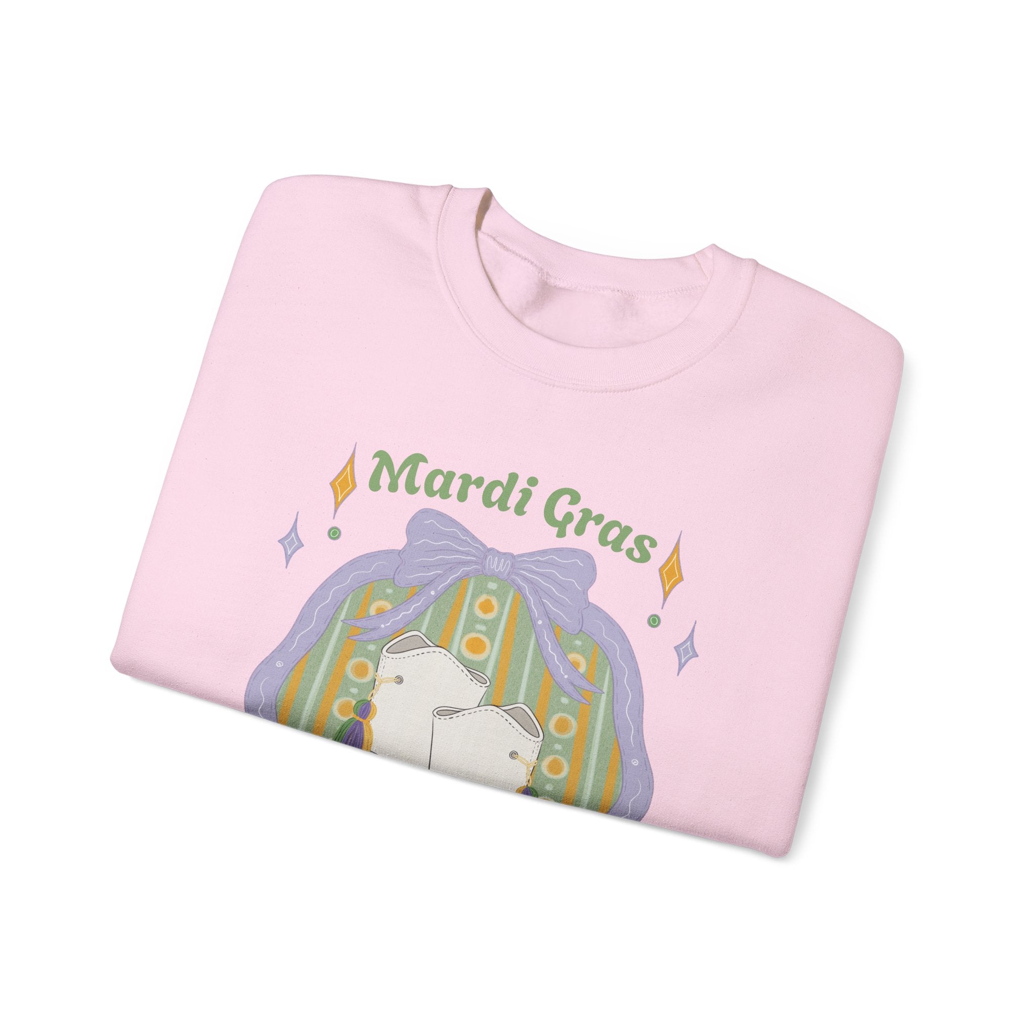 Mardi Gras of White majorette Boots Illustration Sweatshirt | Retro Floral Badge, Pastel mardi gras Design
