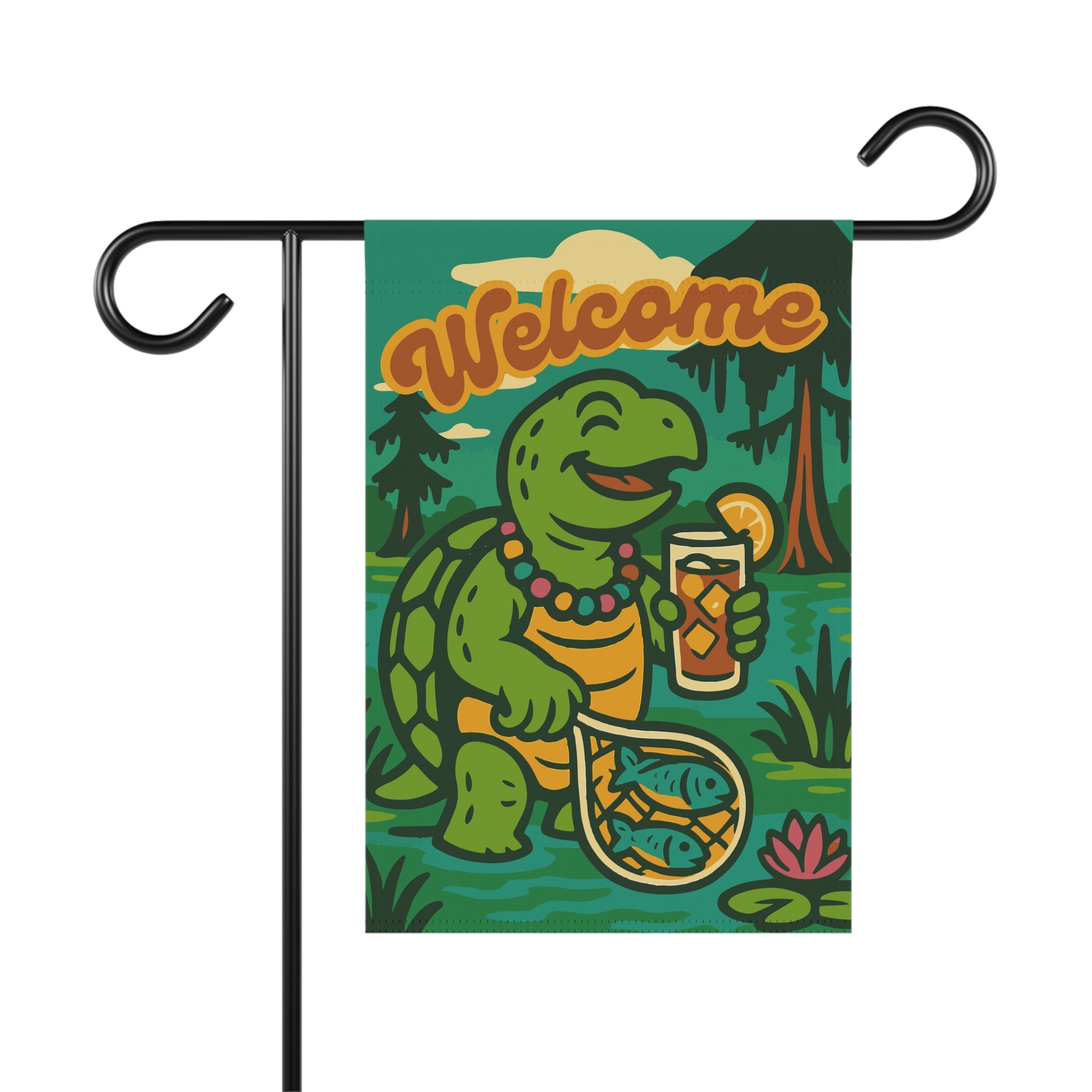 Garden flag with Chomps the snapping turtle holding sweet tea – Bayou Krewe welcome design