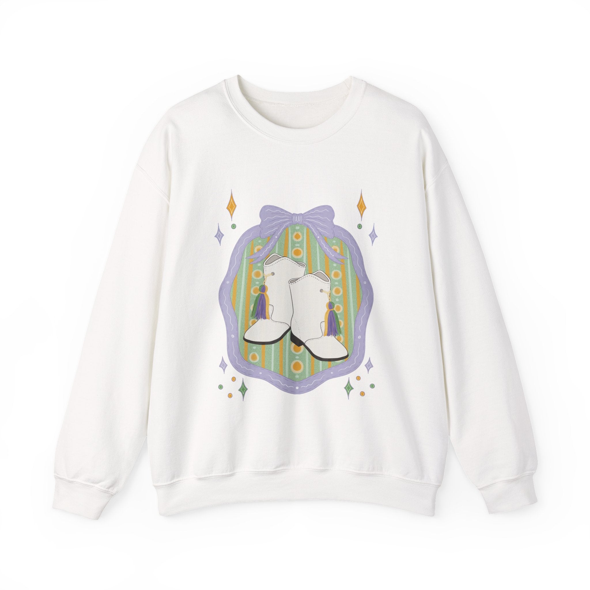 White majorette Boots Illustration Sweatshirt | Retro Floral Badge, Pastel mardi gras Design