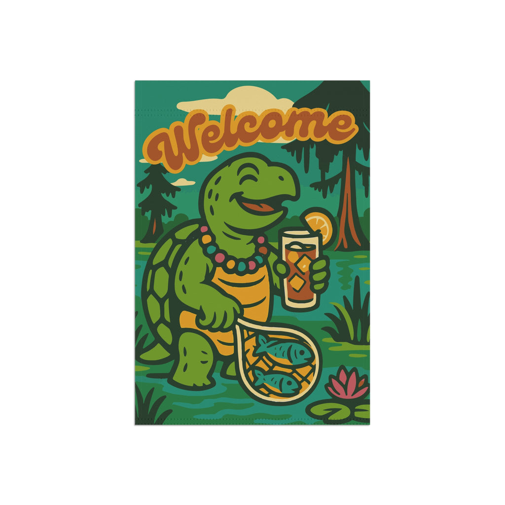 Garden flag with Chomps the snapping turtle holding sweet tea – Bayou Krewe welcome design