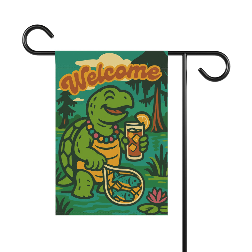 Garden flag with Chomps the snapping turtle holding sweet tea – Bayou Krewe welcome design