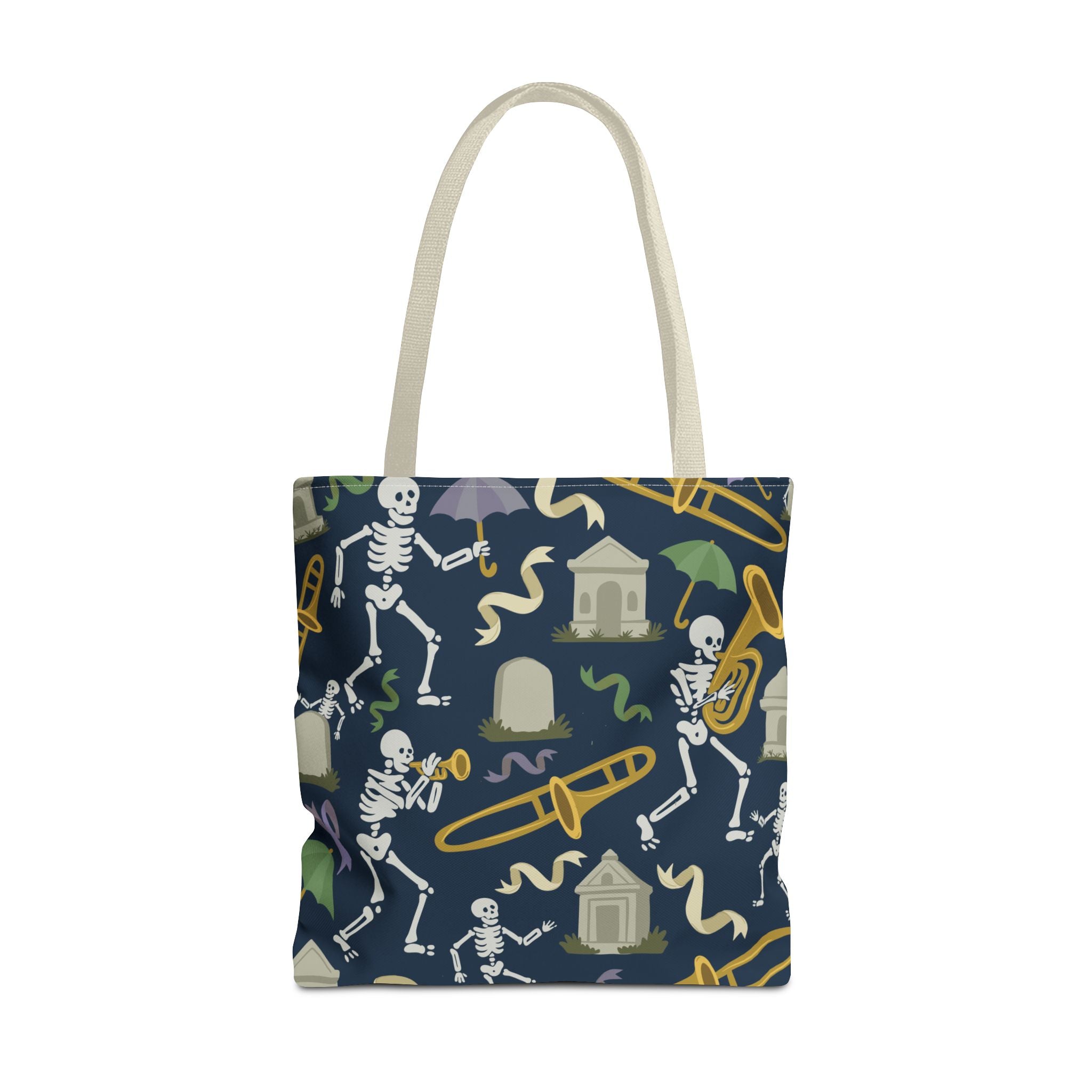 Skeleton Brass Band Tote Bag, New Orleans Graveyard Dancing Skeleton, Halloween Bag, Musician Gift, Jazz Lover Tote, Gothic Tote Bag