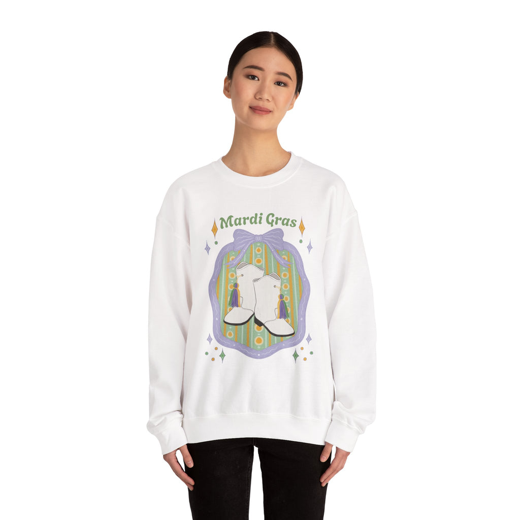 Mardi Gras of White majorette Boots Illustration Sweatshirt | Retro Floral Badge, Pastel mardi gras Design