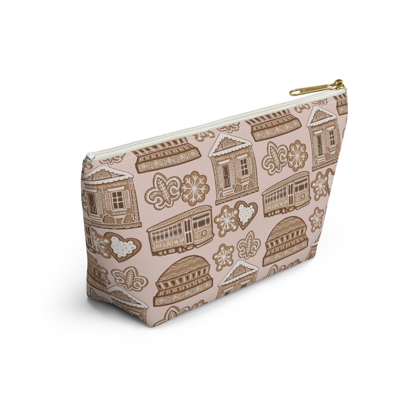 New Orleans Holiday Icons accessory pouch | streetcar fleur-de-lis dome Gingerbread pattern