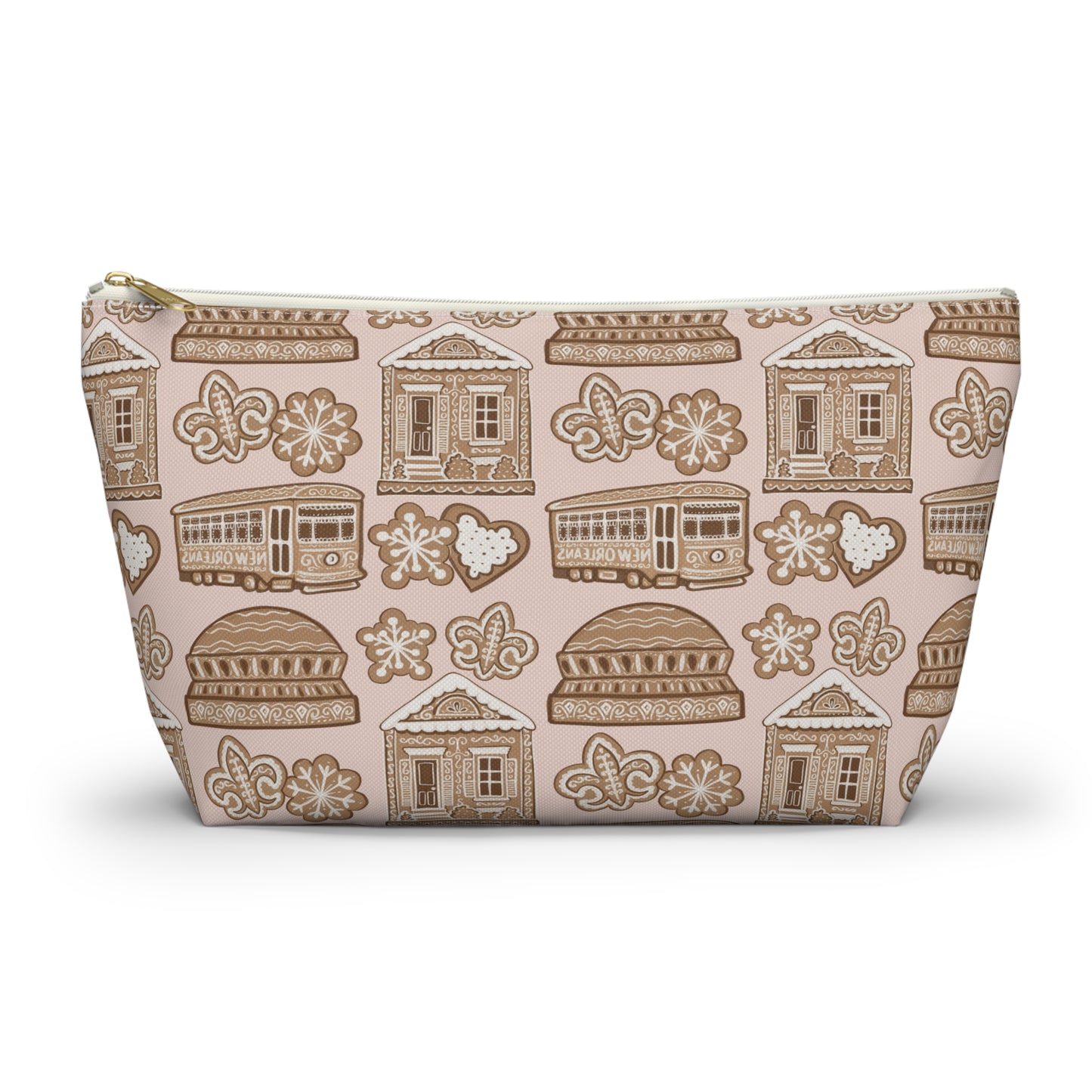 New Orleans Holiday Icons accessory pouch | streetcar fleur-de-lis dome Gingerbread pattern